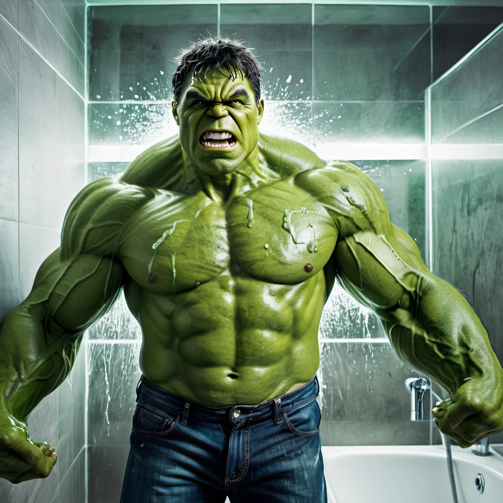 (best quality,4k,8k,highres,masterpiece:1.2),ultra-detailed,(realistic,photorealistic,photo-realistic:1.37),Marvel's The incredible hulk taking a selfie in a large bathroom mirror,illustration,reflection of Hulk's muscular back in the mirror,glistening droplets of water on the Hulk's green skin,steam rising from the hot shower,brightly lit bathroom with modern fixtures,shiny porcelain sink and countertop,overhead mirror affixed to the wall with silver frame and LED lights,clean and spacious environment,imposing figure of the Hulk,posing confidently with an extended arm and holding a smartphone,cracked tiles on the floor,interactive expression of Hulk's face,expressing happiness and excitement,rippling muscles on the Hulk's arms and shoulders,impressive physique,graffiti art on the walls,decorative plants adding a touch of greenery,modern and sleek design of the bathroom,perfectly captured selfie moment,attention to detail on Hulk's facial features and expressions,moisture in the air creating a misty ambiance,subtle reflections in the mirror,luxurious and extravagant atmosphere,vibrant colors highlighting the Hulk's bold appearance,superhero-themed wallpaper on one of the walls,crisp and precise focus on the Hulk's face and body,striking contrast between the Hulk's green skin and the white bathroom fixtures,professional-grade camera used to capture the selfie,creating a sense of power and strength in the image,immersive artistry portraying the Hulk's larger-than-life presence,meticulously drawn attention to the intricate details of the Hulk's selfie,enhanced contrast and saturation to bring out the vibrant colors,authentic and engaging depiction of the Hulk's persona.