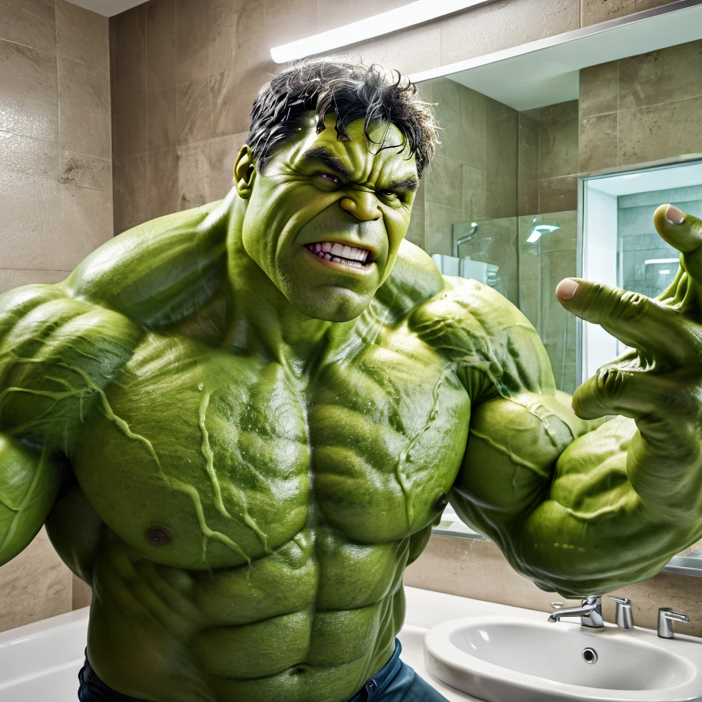 (best quality,4k,8k,highres,masterpiece:1.2),ultra-detailed,(realistic,photorealistic,photo-realistic:1.37),Marvel's The incredible hulk taking a selfie in a large bathroom mirror,illustration,reflection of Hulk's muscular back in the mirror,glistening droplets of water on the Hulk's green skin,steam rising from the hot shower,brightly lit bathroom with modern fixtures,shiny porcelain sink and countertop,overhead mirror affixed to the wall with silver frame and LED lights,clean and spacious environment,imposing figure of the Hulk,posing confidently with an extended arm and holding a smartphone,cracked tiles on the floor,interactive expression of Hulk's face,expressing happiness and excitement,rippling muscles on the Hulk's arms and shoulders,impressive physique,graffiti art on the walls,decorative plants adding a touch of greenery,modern and sleek design of the bathroom,perfectly captured selfie moment,attention to detail on Hulk's facial features and expressions,moisture in the air creating a misty ambiance,subtle reflections in the mirror,luxurious and extravagant atmosphere,vibrant colors highlighting the Hulk's bold appearance,superhero-themed wallpaper on one of the walls,crisp and precise focus on the Hulk's face and body,striking contrast between the Hulk's green skin and the white bathroom fixtures,professional-grade camera used to capture the selfie,creating a sense of power and strength in the image,immersive artistry portraying the Hulk's larger-than-life presence,meticulously drawn attention to the intricate details of the Hulk's selfie,enhanced contrast and saturation to bring out the vibrant colors,authentic and engaging depiction of the Hulk's persona.