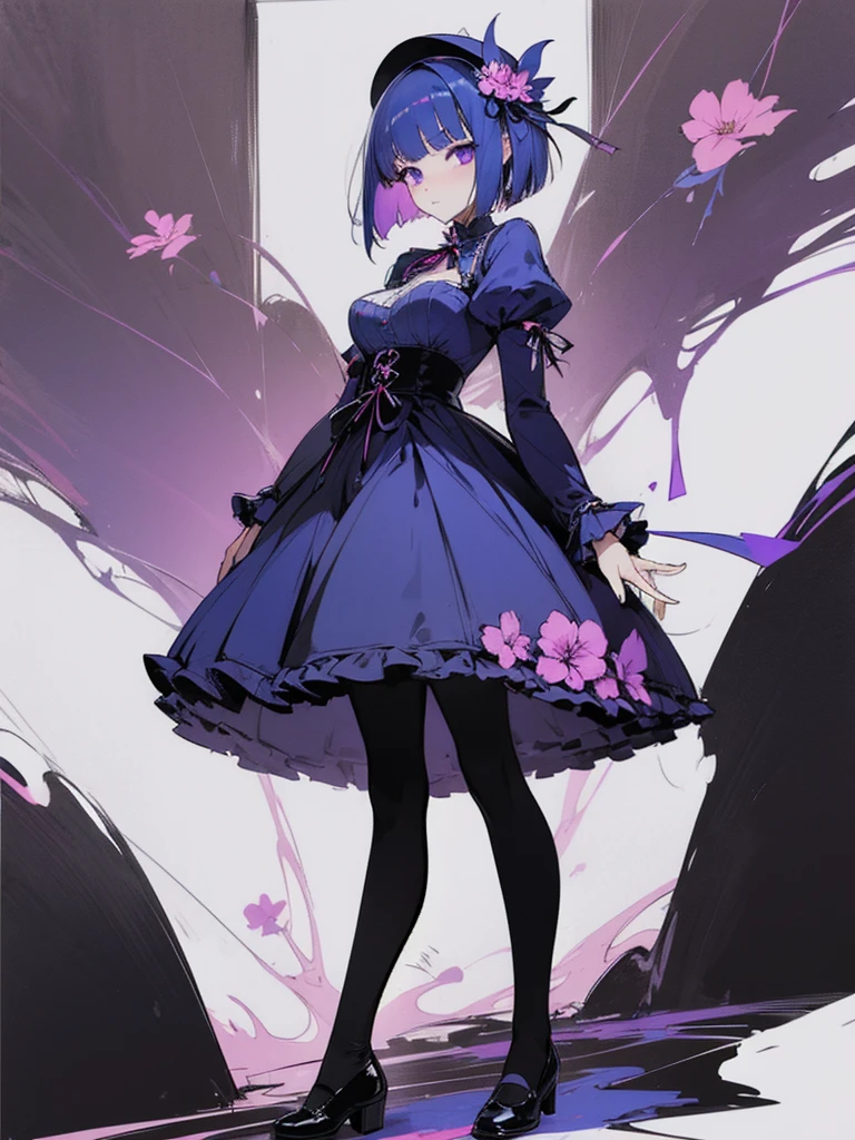 purple eyes,big tits,girl,blue hair,blue clothes,gothic lolita,bob cut,high-quality,full-length portrait or painting,Pink geranium flower hair ornament,black shoes, black tights, standing,panty hose