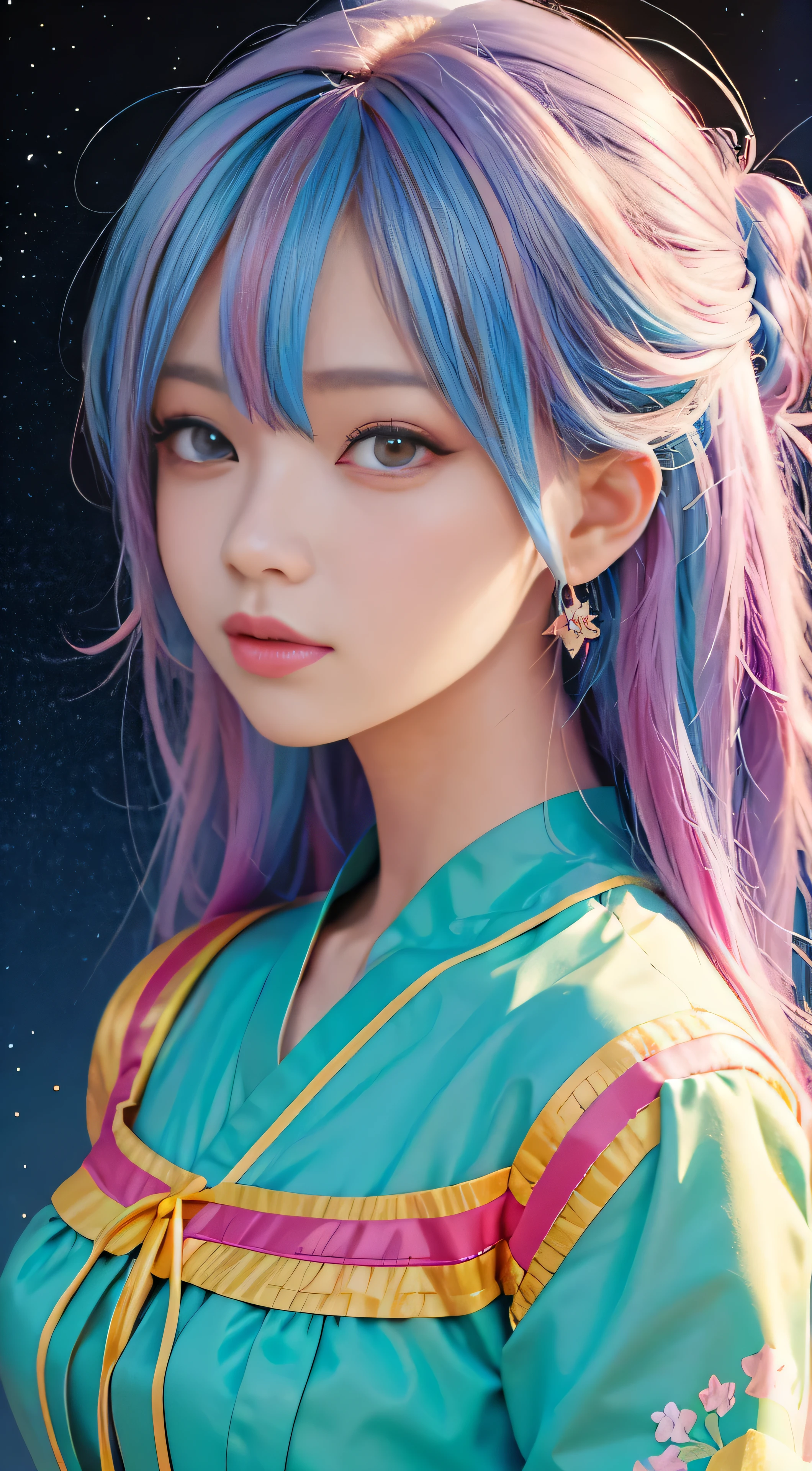 Anime girl with vibrant colorful hair and a colorful dress, Rossdraws pastel vibrant hues in a cartoon style, anime portrait radiating beauty with intricate details, artgerm's dream vibrant anime art in 4K resolution, exquisitely detailed digital anime art showcasing a stunning anime girl, anime art wallpaper bursting with life in 4K, Rossdraws expressive anime characters with a pop of color, anime style artgerm masterpiece encapsulating intense detail, stunning anime portrait featuring a vibrant anime girl.