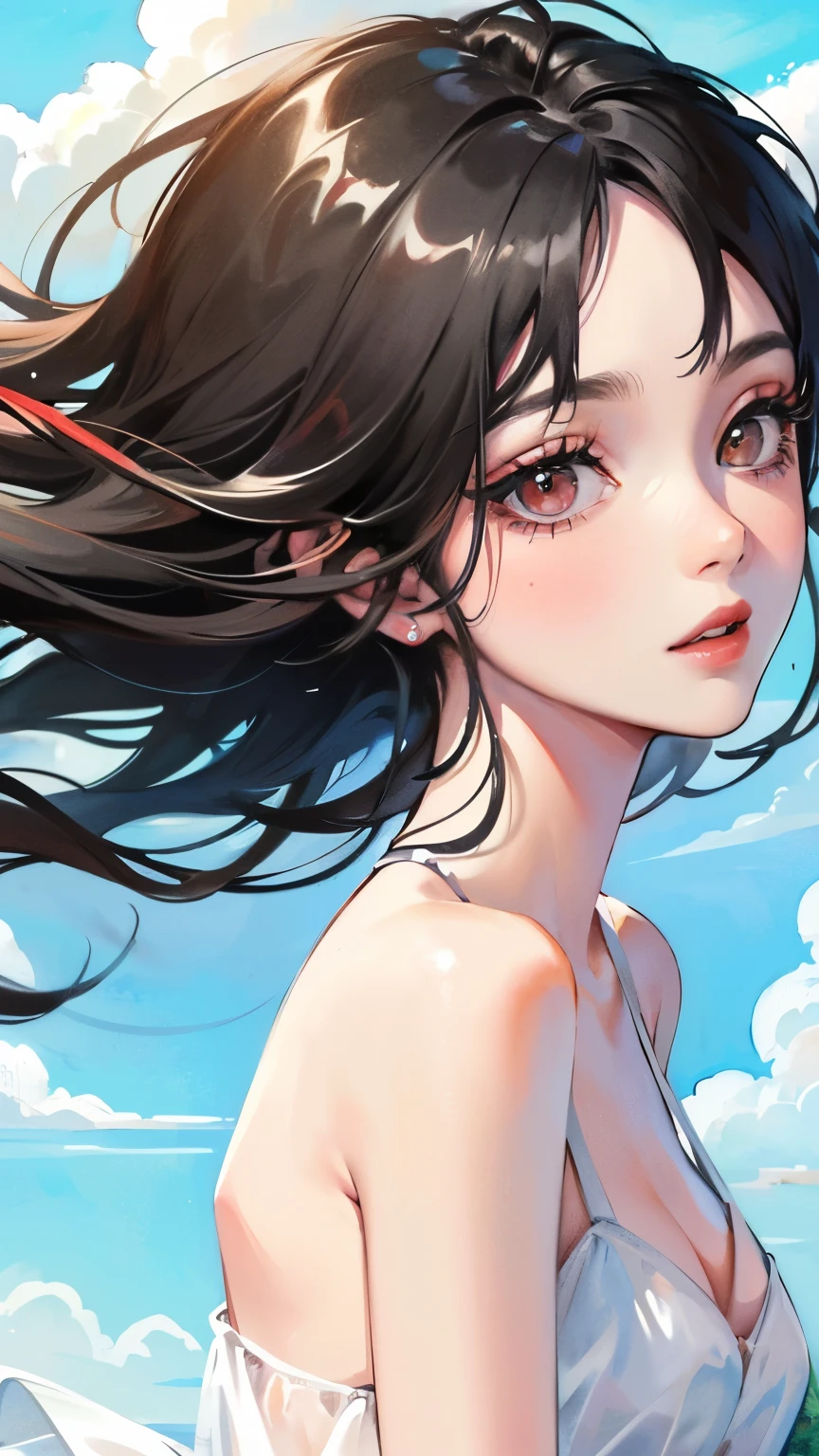 young girl black hair short hair red eyes irreverent face look down thin body thin thighs small breasts small ass toned body blue sky cloud hair blowing in the wind high quality High resolution 8K vampire watercolor natural feel bridge of the nose ((最high quality)), ((masterpiece)), (get used to it), dignified face grassland close up of face Beautiful as a goddess whole face lipstick eye shadow naked ID photo style long eyelashes Accurate No decoration Bare skin No accessories In underwear 8 life size can'I can' landscape painting See-through creative Princess Peach landscape