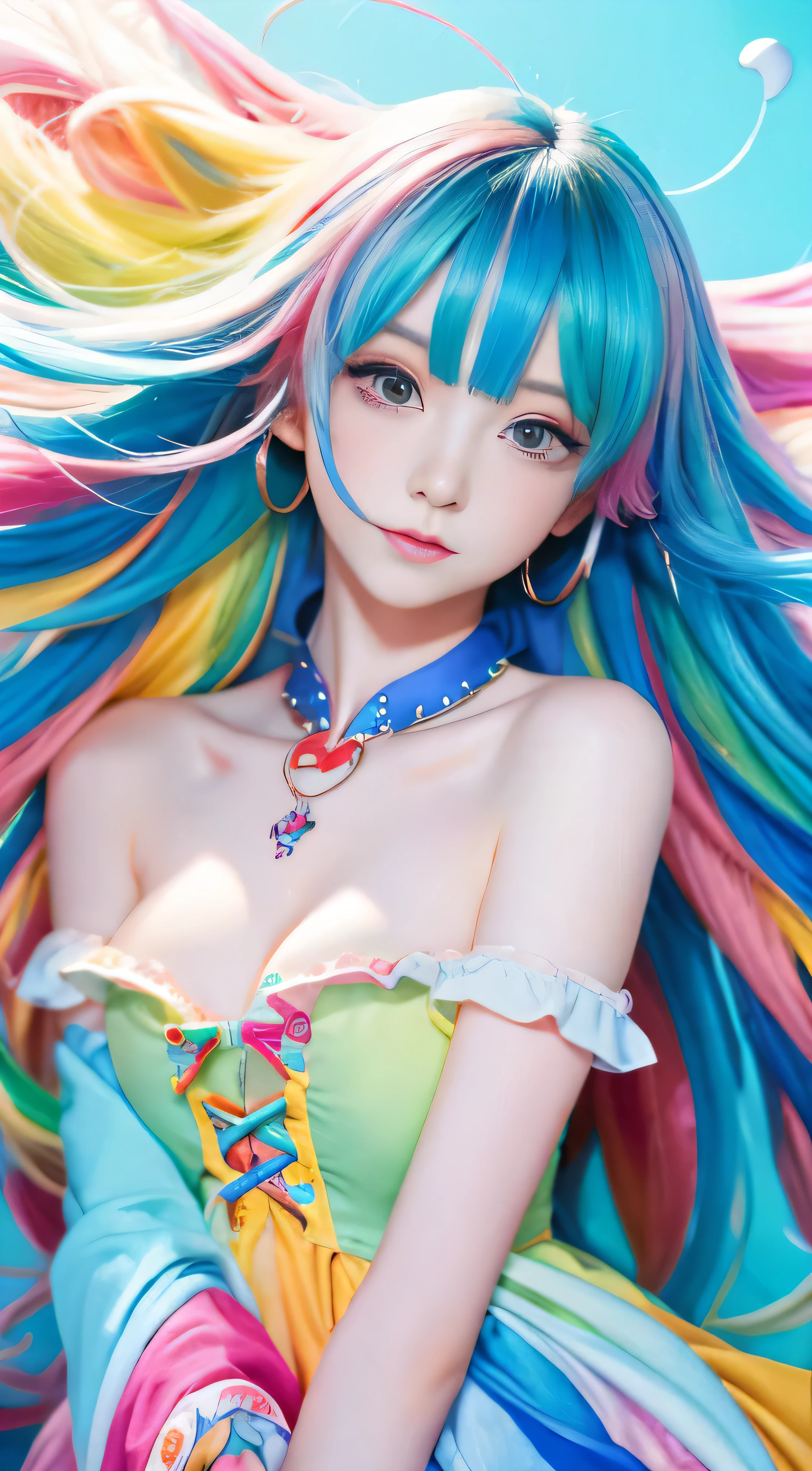 Anime girl with bright colorful hair and colorful dress、Bright cartoon pastel colors、Anime portraits that radiate beauty with intricate details、Artgerm&#39;s dreamy vivid anime art in 4K resolution、Exquisitely detailed digital anime art showcasing stunning anime girls、Anime art wallpapers full of life in 4K、Draw expressive anime characters with pop colors、 An anime-style Artgerm masterpiece that encapsulates intense detail、Stunning anime portraits featuring vibrant anime girls。