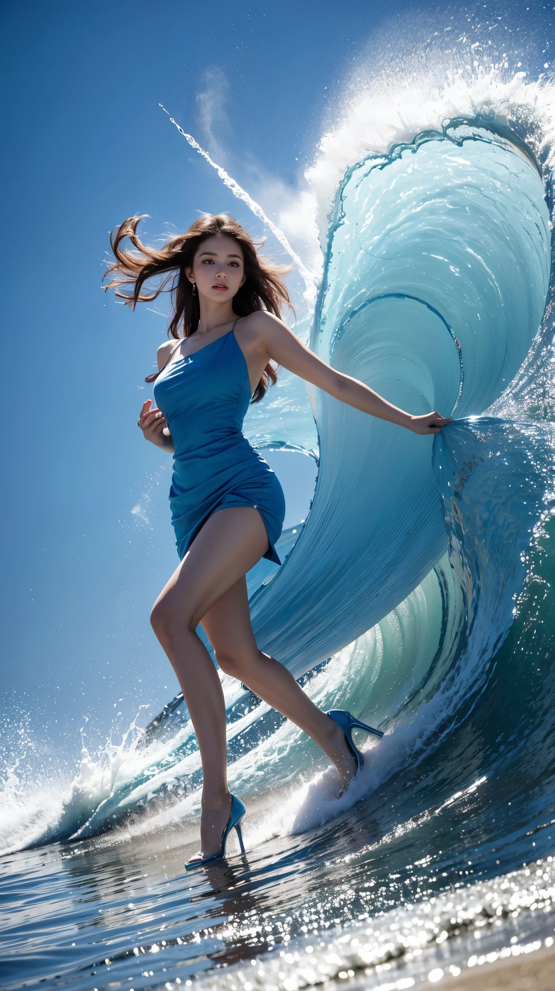 A woman in her 50s wearing a blue dress surfing the waves, Sea, Above seawater, In the sea, in the sea, Goddess of the Sea, Incredible beauty, Underwater, Japanese Model, Jaeyoung Nam, It's hot with the shining sun, Beautiful Korean Women, Underwater, Kim Tae-jun, Amazing photo, Amazing beauty