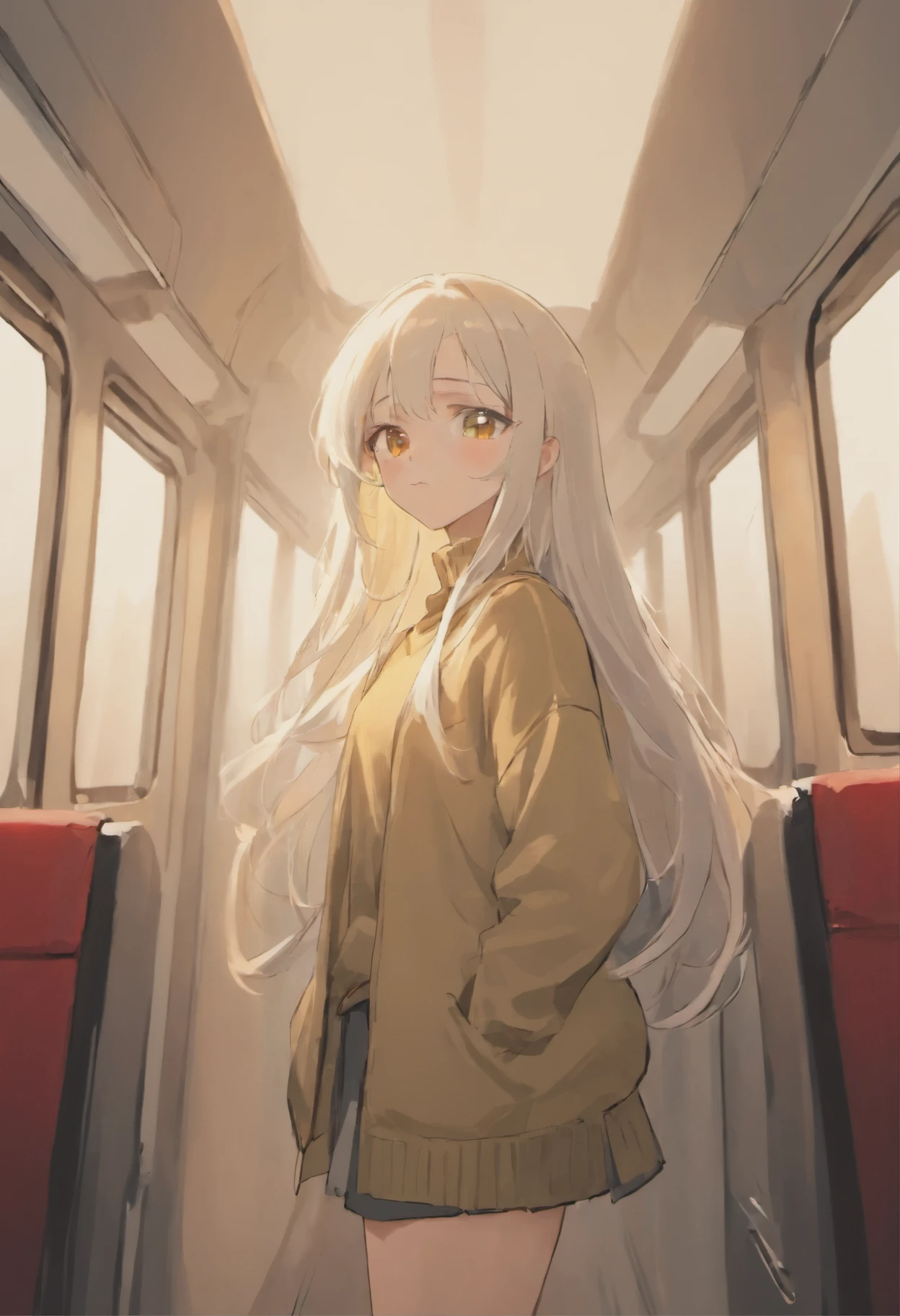 The girl has long silver-white hair, dark golden eyes, and is wearing a slim-fitting sweater.,I wear a JK skirt on the bottom,Sitting on the sofa on the high-speed train and looking at me