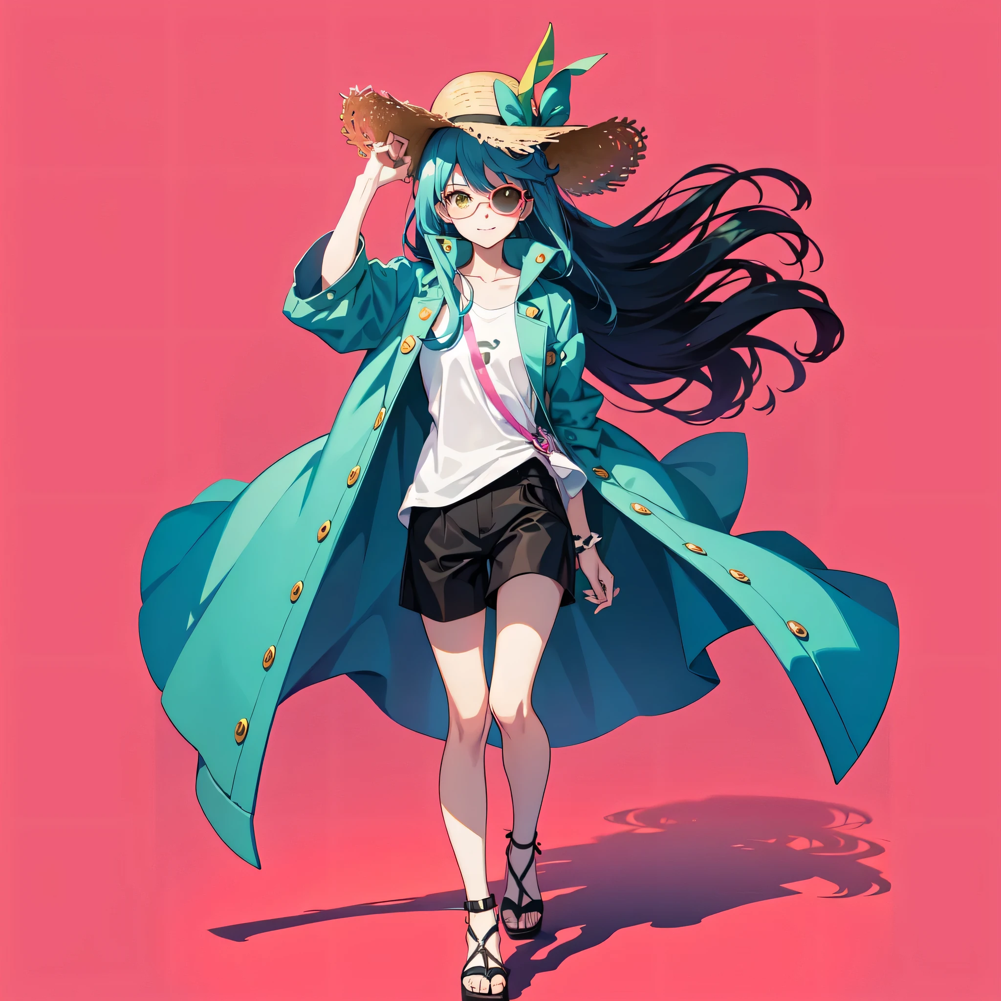anime girl with a hat and sunglasses walking on a pink background, flat anime style, retro anime girl, 9 0 s anime art style, in the art style of 8 0 s anime, 2 d anime style, 9 0 s anime style, 90s anime style, anime style illustration, anime girl with teal hair, flat anime style shading, 2d illustration, 1girl, pink background, straight-on, orange skin, black eyes, asymmetrical hair, dark green hair, spiked hair, straw hat, overcoat, bike shorts, yellow sandals, light smile, hands in hair, pentagram