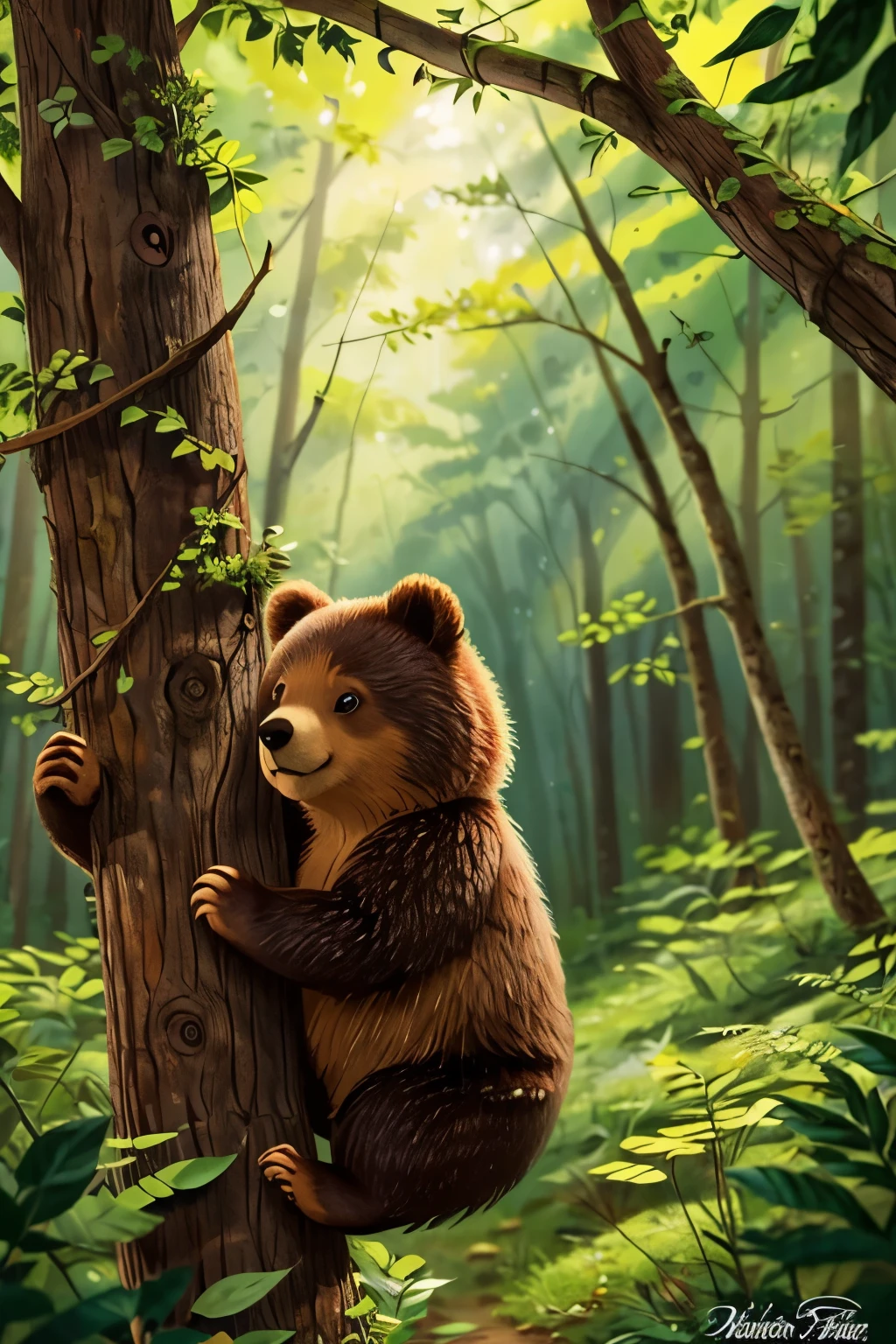 A bear climbs a tree in the forest,climb in trees