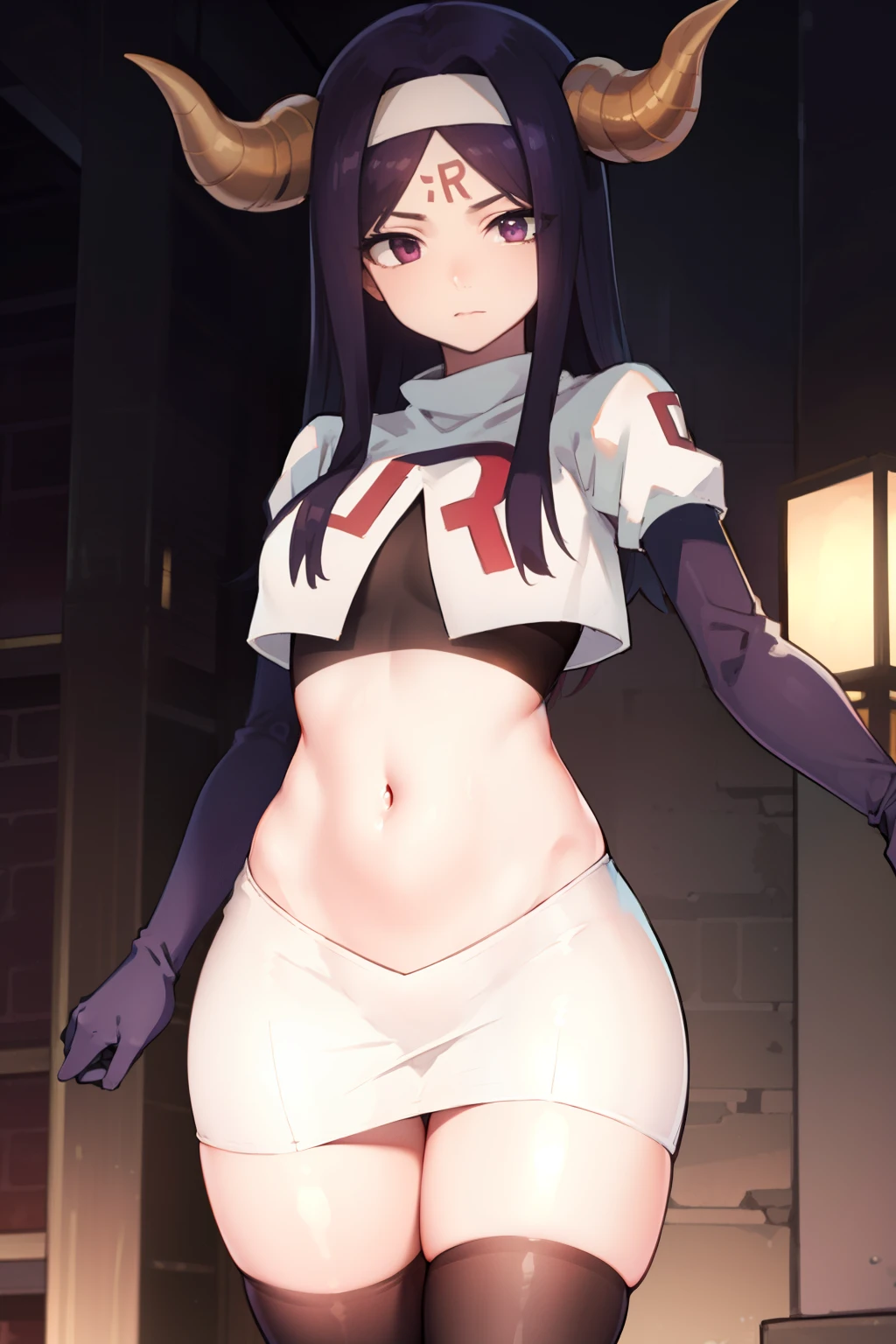 seilah, seilah, long hair, horns, purple hair, facial mark, forehead mark, (purple eyes:1.1), headband,
BREAK horns, tattoos, team rocket,team rocket uniform, white skirt, red letter R, crop top, black thigh-highs, black elbow gloves,
BREAK cowboy shot, looking at viewer,
BREAK (masterpiece:1.2), best quality, high resolution, unity 8k wallpaper, (illustration:0.8), (beautiful detailed eyes:1.6), extremely detailed face, perfect lighting, extremely detailed CG, (perfect hands, perfect anatomy),