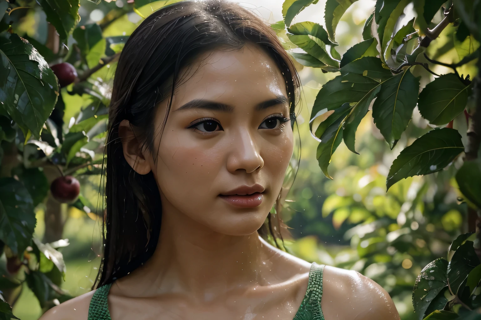 A hyper-realistic image of a captivating Asianwoman with a breathtakingly beautiful face delicately picking a vibrant green apple amongst the lush, wet green leaves of an apple plant. The close-up shot highlights her slender hand, gracefully holding the ripe fruit, with every detail and texture intricately brought to life by the high-quality, hyperrealistic depiction. This cinematic masterpiece transports the viewer to a serene and idyllic orchard setting, with ultra HD clarity (4k, 50 millimeters, highest definition) revealing every fine detail, from the dew-kissed leaves to the rich, glossy sheen of
