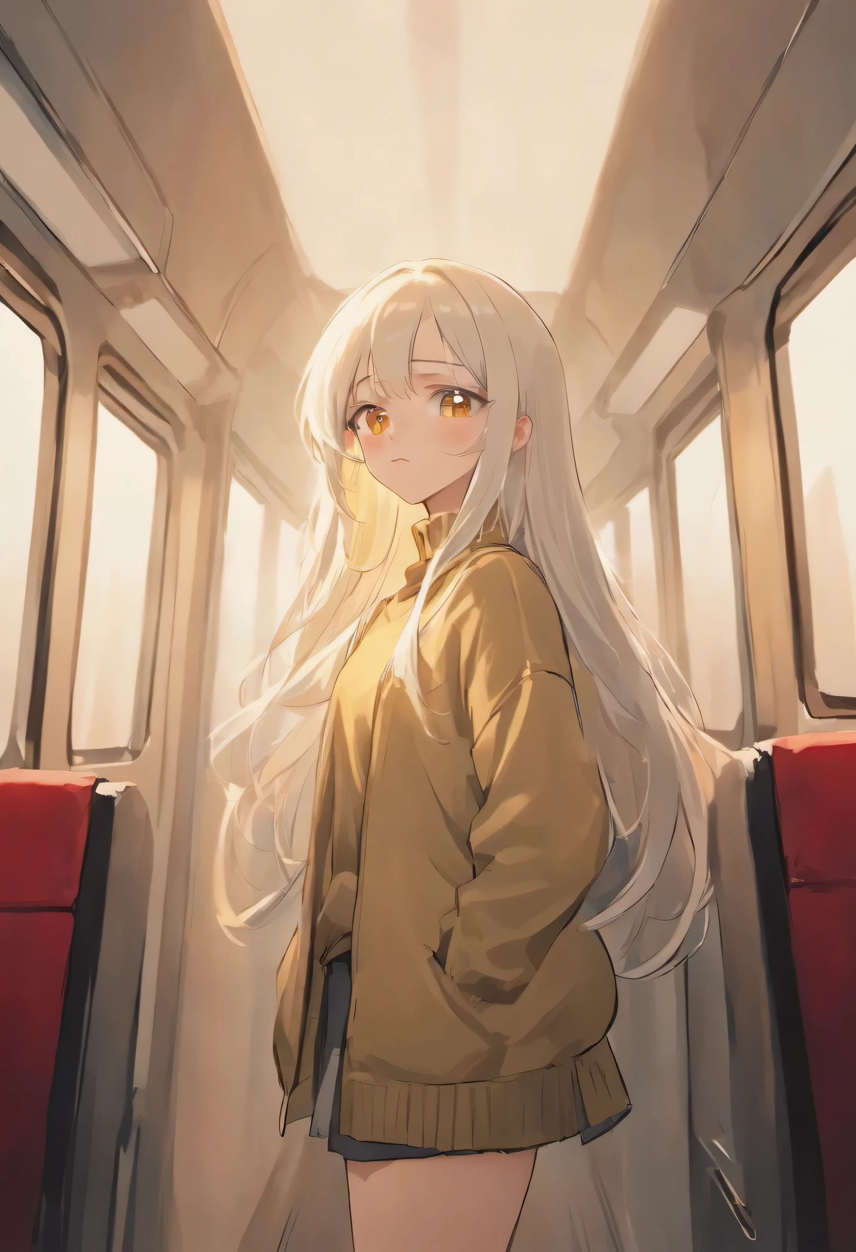 This girl has long silver hair, Dark golden eyes, And wearing a slim sweater.，What I&#39;m wearing is a JK skirt，Sitting on the sofa on the high-speed train and looking at me