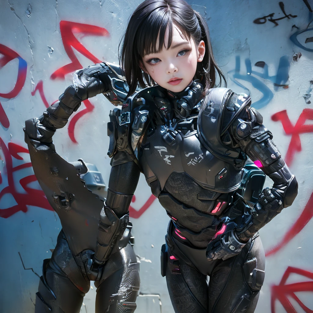 ultra realistic 8k cg, ((masterpiece magazine cover)), ((ultra detailed background, delicate pattern, intricate detail)), (highly detailed, fine detail, quality, (photorealistic:1.4),beautiful lighting, masterpiece, best quality, 1 sexy Cyberpunk girl, solo, Harajuku jacket, skintight catsuit, Cyberpunk ((combat armor)), (graffiti:1.5), standing in Cyberpunk street, dynamic pose, looking at viewer, armband, thigh gap, head tilt, black hair, aqua eyes, Jennie Kim.