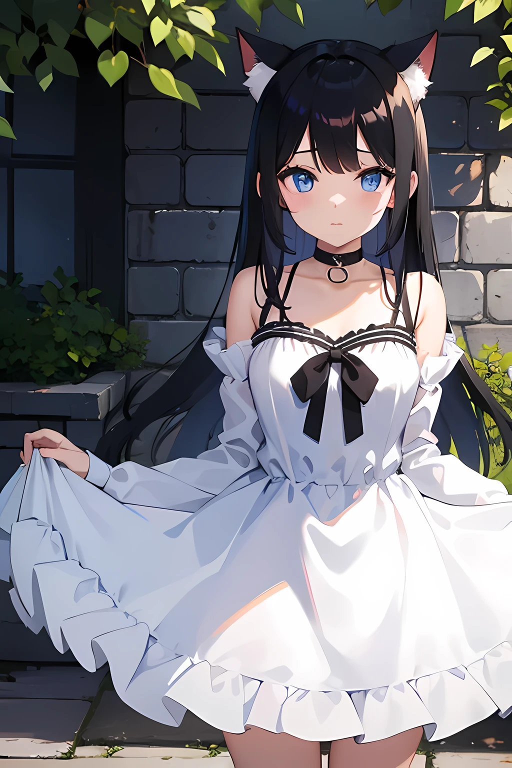 neko girl, white dress, blue eyes, black hair with blue highlights, standing shyly.
