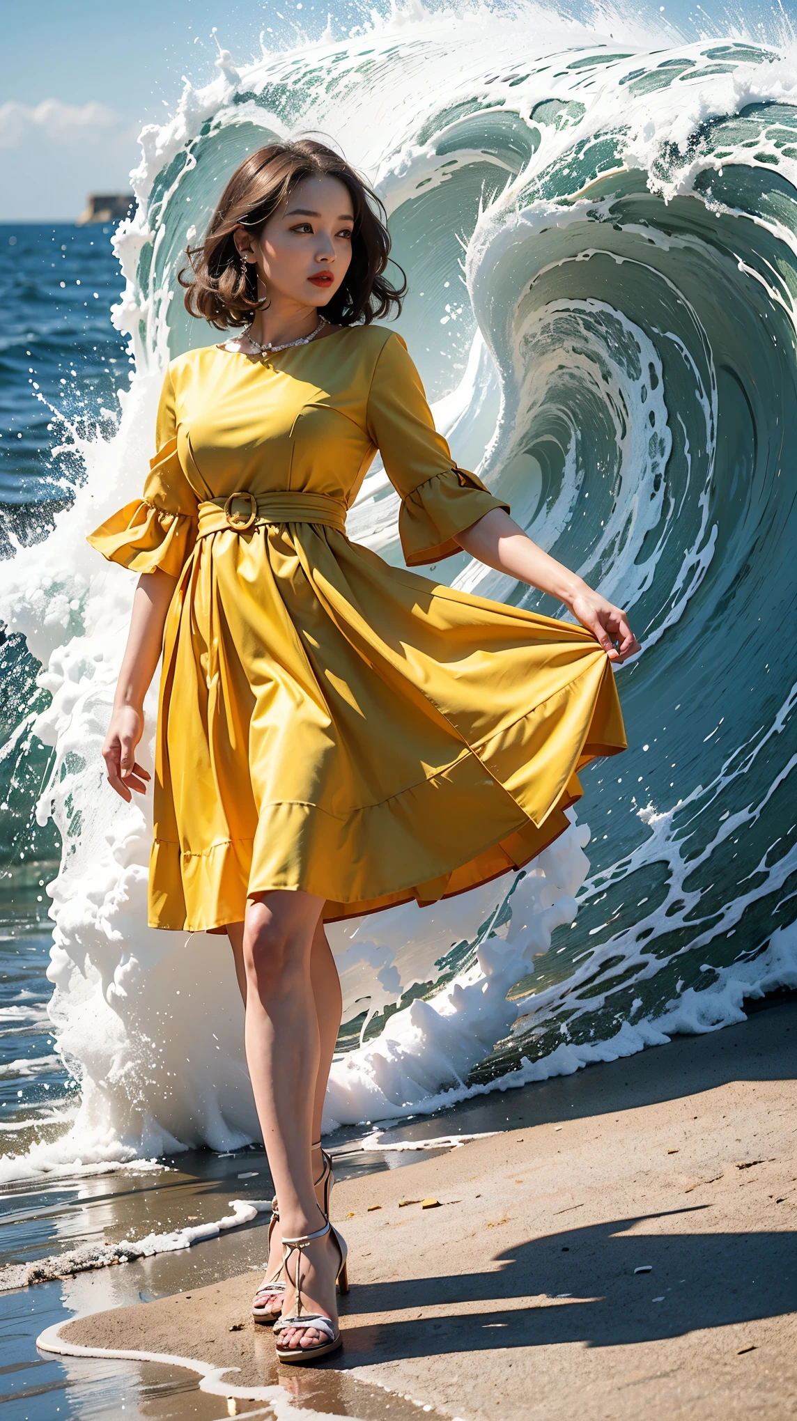 highest quality,masterpiece,ultra high resolution,(actual:1.4),original photo,ultra high resolution，8K，there is a woman，Fair skin，exquisite makeup，big waves of red lips，yellow dress，high heels，long legs，bright and beautiful