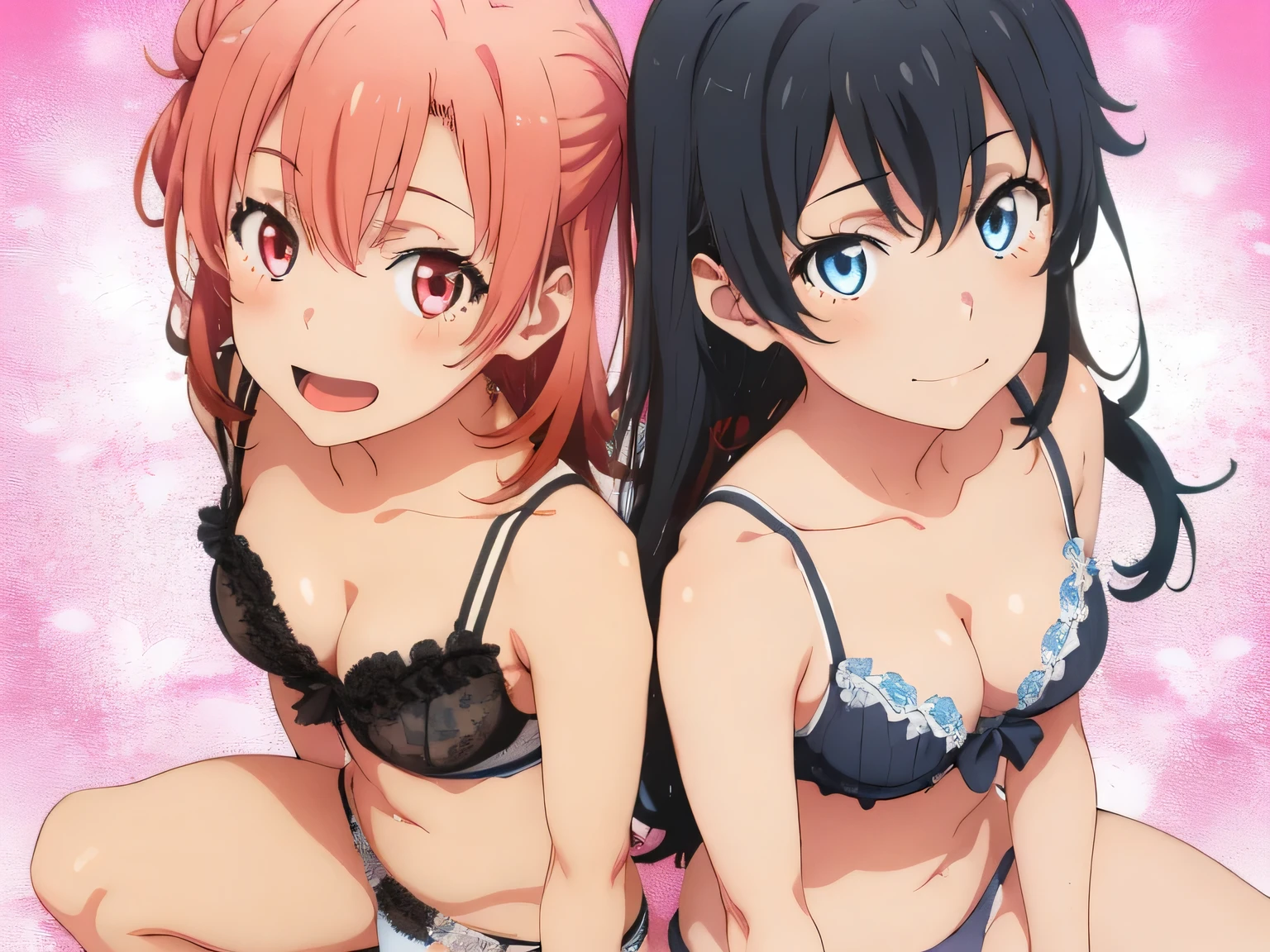 2 girls , Yukinoshita Yukino , yuigahama yui'bust and thighs are great,In underwear,they have their hands behind their backs,good,belly button,(light pink panties),(white panties),thighs,knee calf,hold the calf with both hands,raise your legs,((high angle)),(beautiful eyes),open your mouth,smile,Insert your head