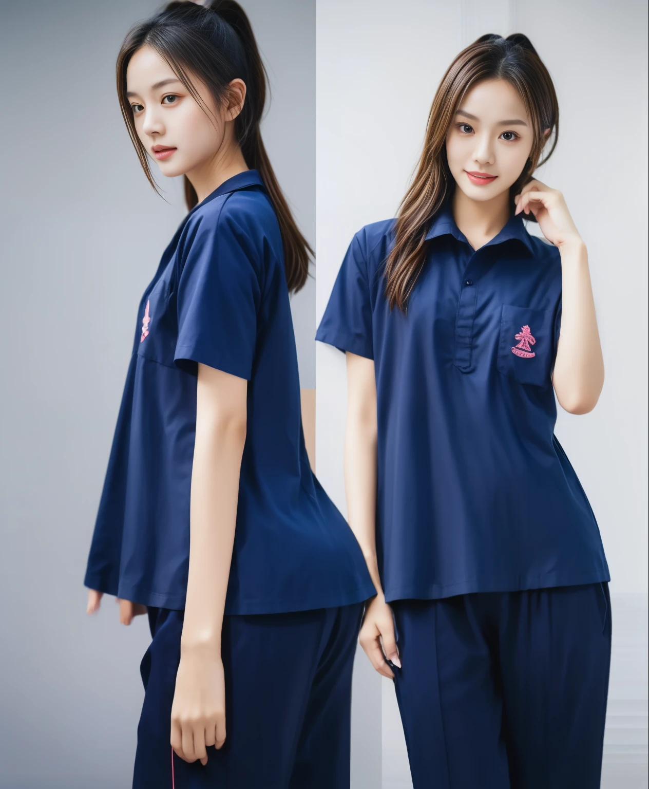 (best quality,10,10,height,Masterpiece:1.2),Special details,(realistic,ภาพrealistic,Realistic photos:1.37),1 Cute girl in the kitchen,shiny, ผิวshiny,only,smile softly,BDclothelue shirt:1.3)),short sleeve,shirt, กางเกงขาlong.,(navy_long_track pants:1.1), ((Kitchen Background)),Dynamic angle,excited,Face focus,dynamic poses,from behind,focus on ass,Masterpiece, best quality, ultra realistic, Too many details, 8k resolution, raw photos, Sharp focus, ((Navy blue shirt:1.1)), short sleeve, เส้นทางlong, perfect body, 2 mature women, 18 years old, Cinema-grade lighting system,blue sweatpants,shirtผ้าออกกำลังกาย,correct anatomy,perfect body, correct body, Sharp face, correct bodyทางกายวิภาค, full body, realistic gestures, long-haired, realistic poses,Wear long shorts...........................,ช่วงขาlong,Good shape,carved girl, Slender figure, model, Good shape, beautiful body,blue sweatpants, two girls kissing