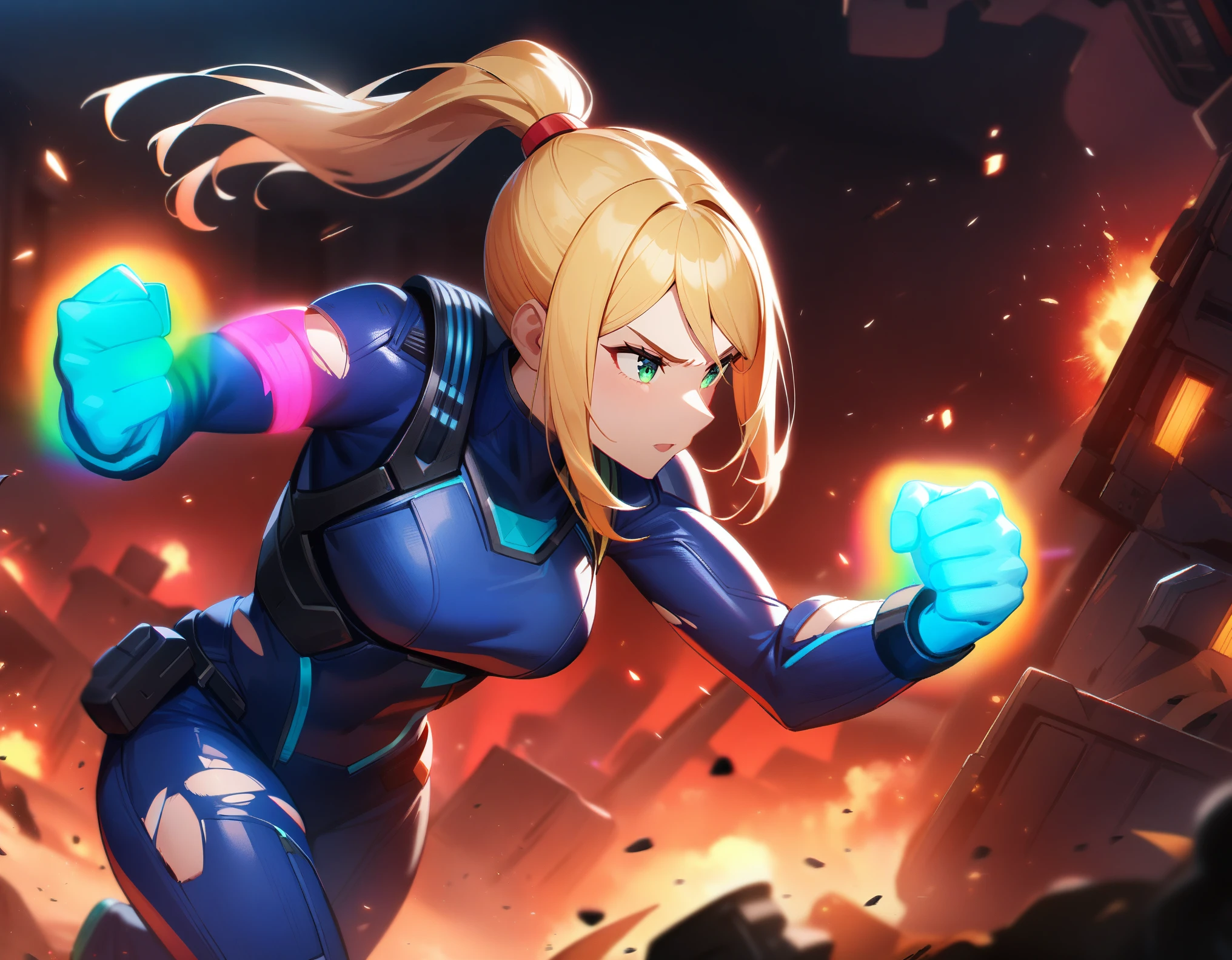 1girl,Samus aran,solo,green eyes,blonde hair,blue body suit,ponytail,want,cowboy shot,in space ship,zero gravity,Science fiction,ultra-detailed,sharp focus,aesthetic,(best quality)