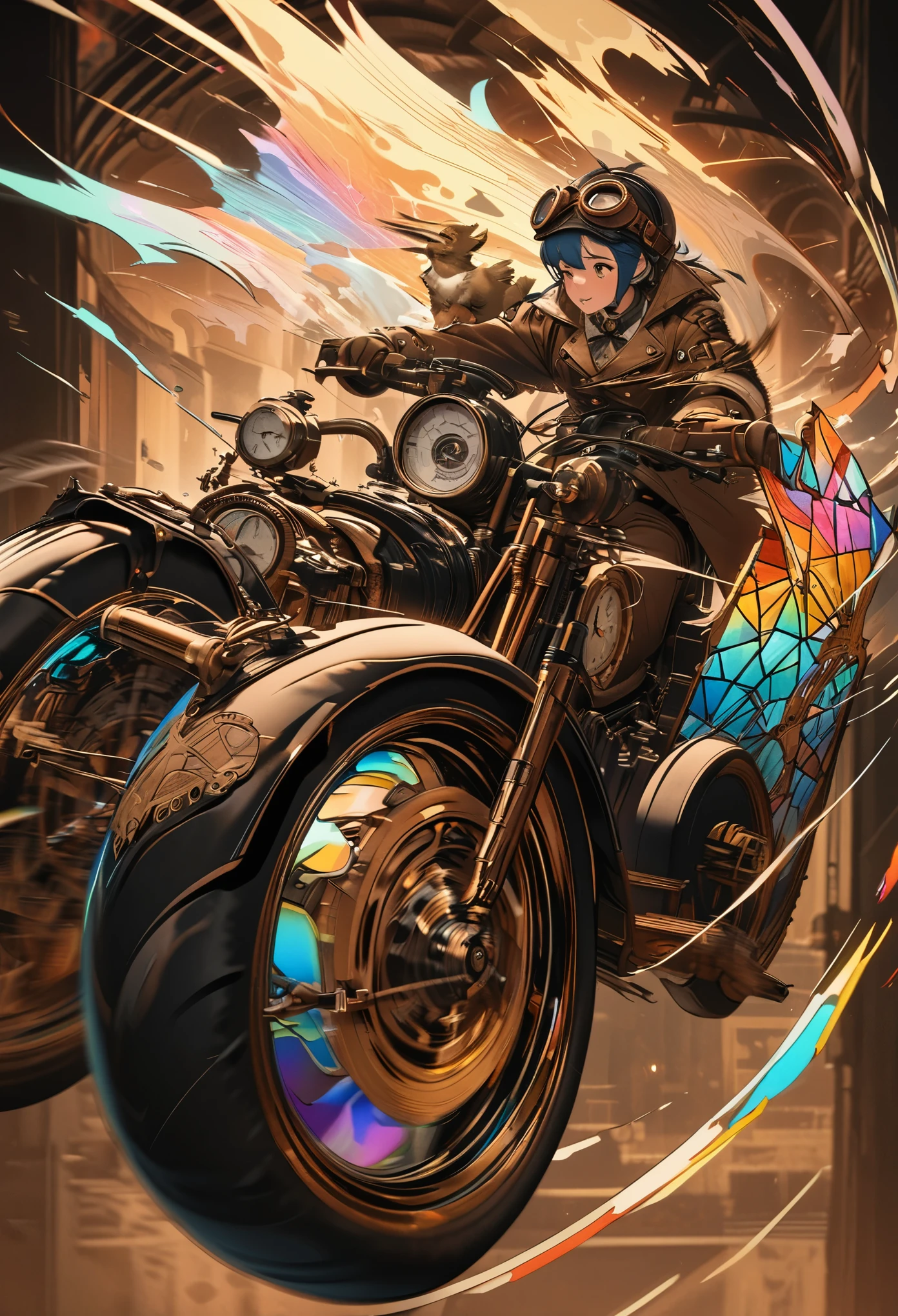 best quality, 8k, incredibly absurd, highly detailed, sepia painted retro motorcycle with sidecar, helmet and goggles, cute pet, rainbow colored gear, shattered stained glass, steampunk, dieselpunk, clockpunk, blending art, mixing art, fractal art, art design, motion blur, action lines, speed lines, wind, wind effect, BREAK background tarot card image style