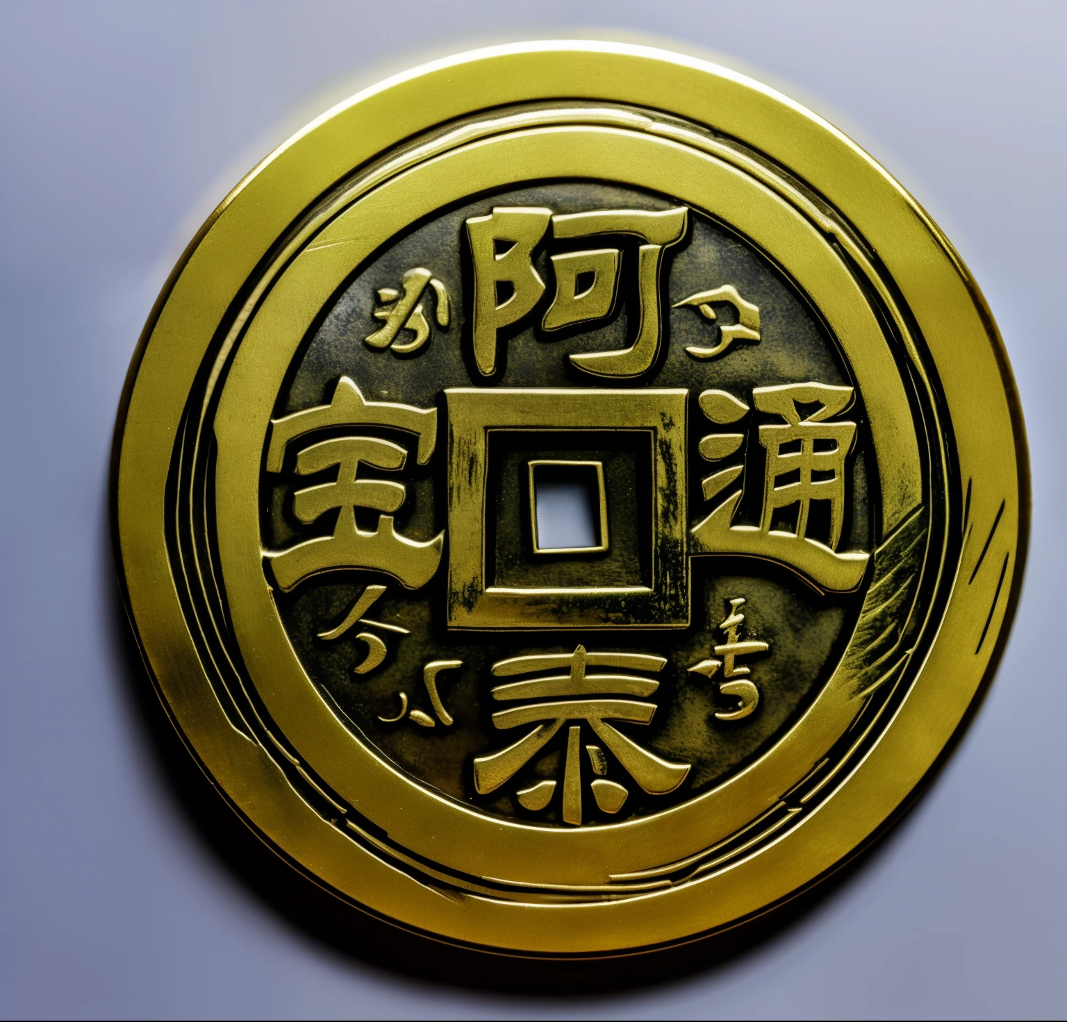 a close up of a coin with chinese writing on it, coin, Song, In line with Chinese aesthetics, traditional Chinese, yuan-you, style of guo hua, Close-up of amulet, mark of fate, hua cheng, coin of secret society, Chinese Arts, golden chinese text, Inspired by Dong Yuan, qiangshu, chi-gong