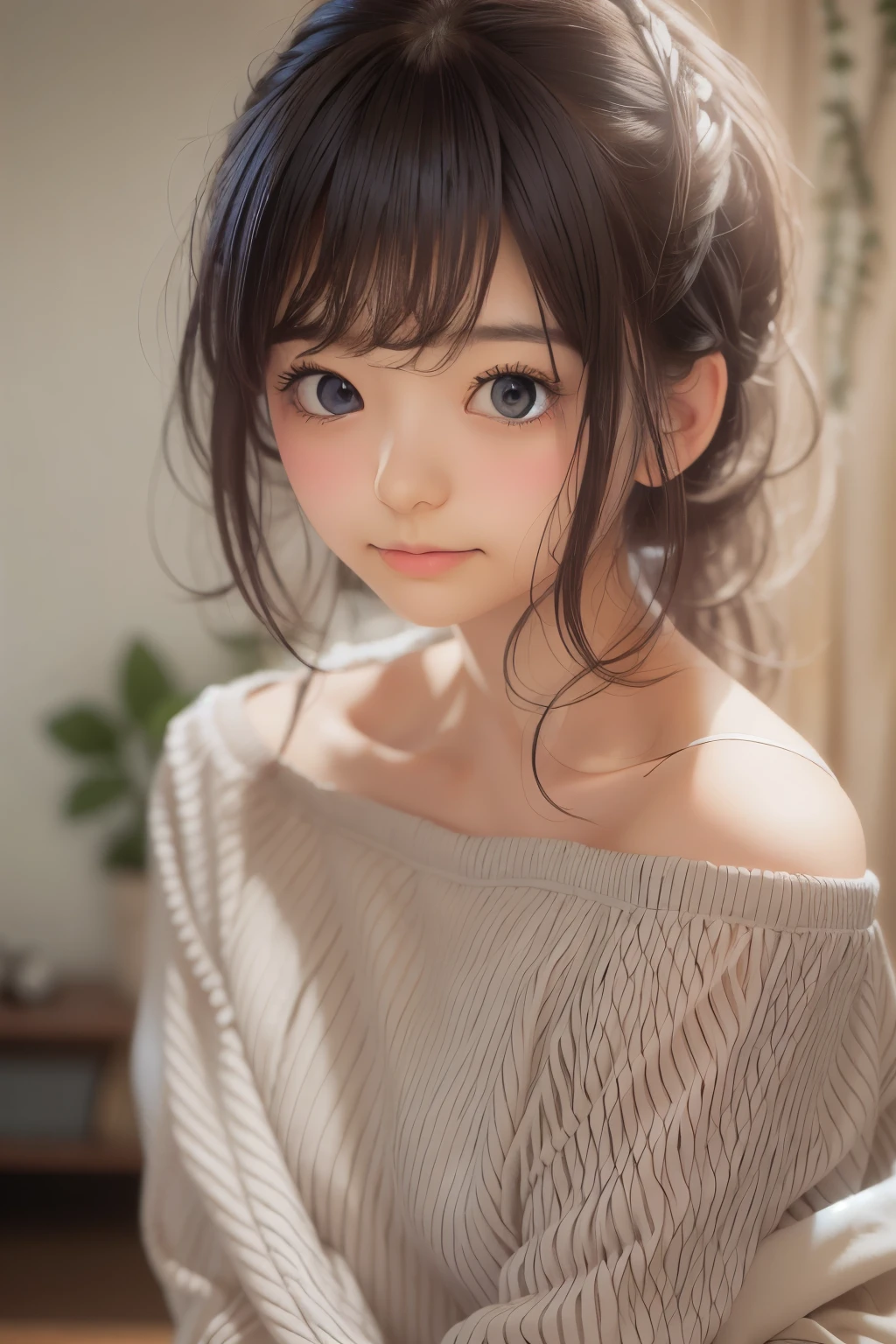 Ultra High Resolution, (Realistic: 1.4), RAW Photo, Best Quality, (Photorealistic), Focus, Soft Light, ((20 years old)), ((Japanese)), (Front, Young Face))), (Depth of Field), (One Piece), Masterpiece, (Photoreal), Woman, Bangs, (( off-the-shoulder top, Bedroom, 1 Girl))