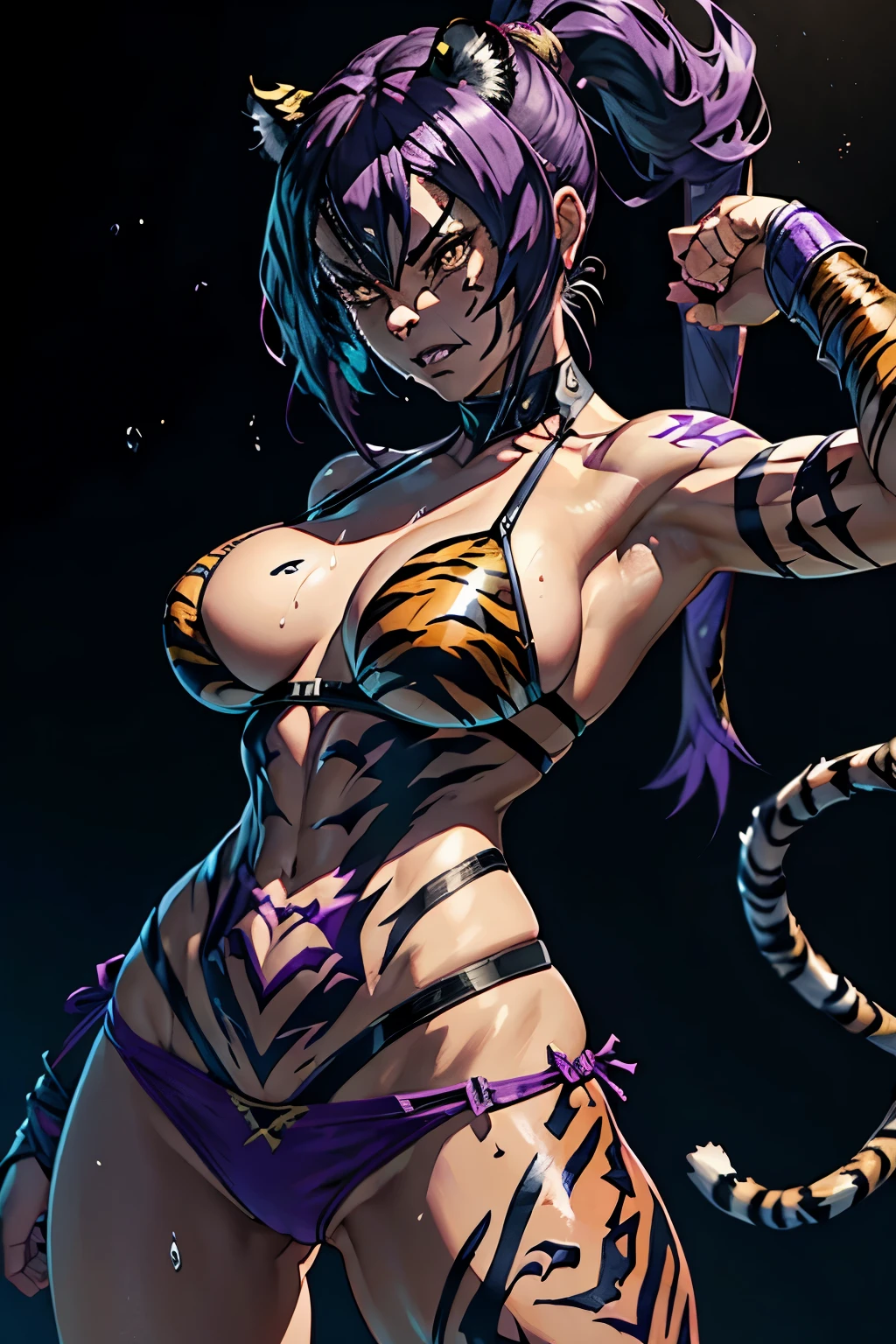 (Masterpiece, High Quality, Close-up), Purple Outfit, Mortal Kombat Character, Mileena, Fighting Game Figment, Badass Pose, Volumeous Derriere, Katanas Strapped to Back, In Mortal Kombat Universe, (Dark Background:1.0), Intense Concentration, Black View, Close-up on Ass, Sweat Droplets, Plumed Skirt, Sharp Features, Detailed Textures, Muscular Legs, High Definition, Cinematic Lighting, Dramatic Shadows, (Mileena's Iconic Tiger e Tattoo:1.5), Intense Expression, Det