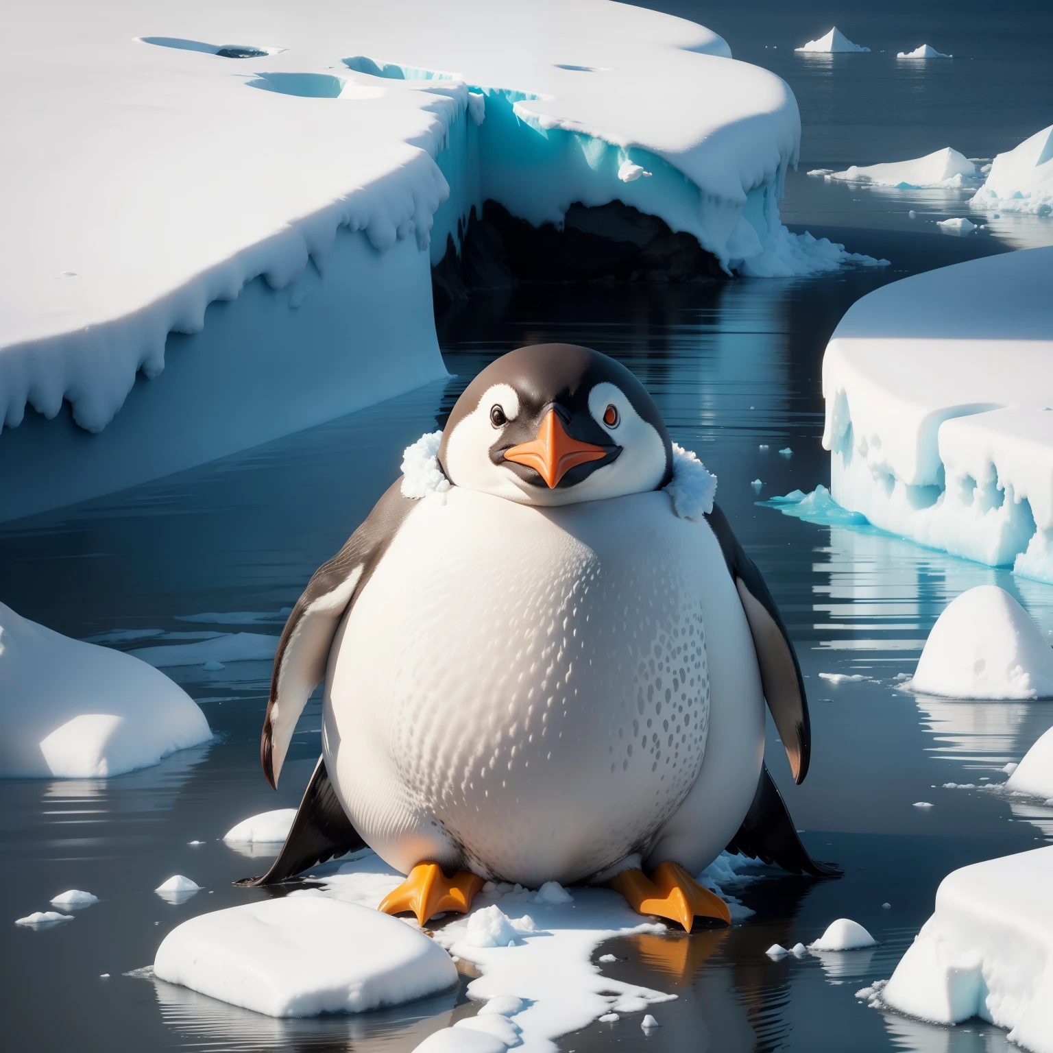 "Global warming and its effects: Penguin stranded on a melting iceberg."