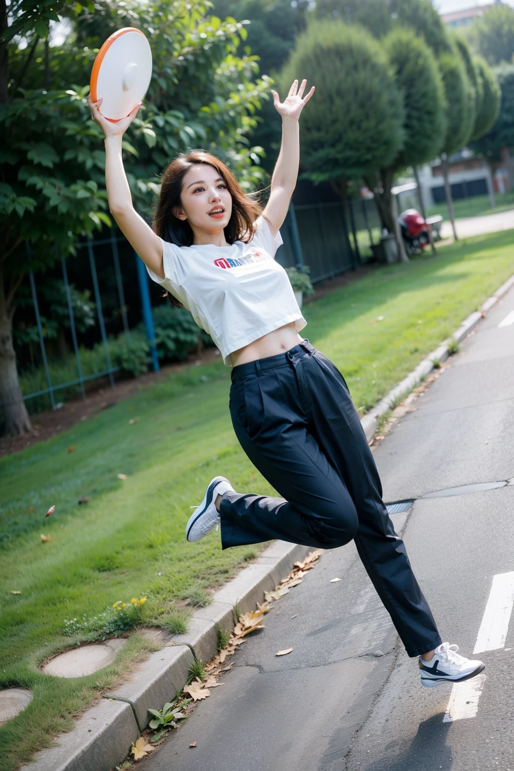 woman，catch frisbee，overhead shot，jump，whole body，trousers