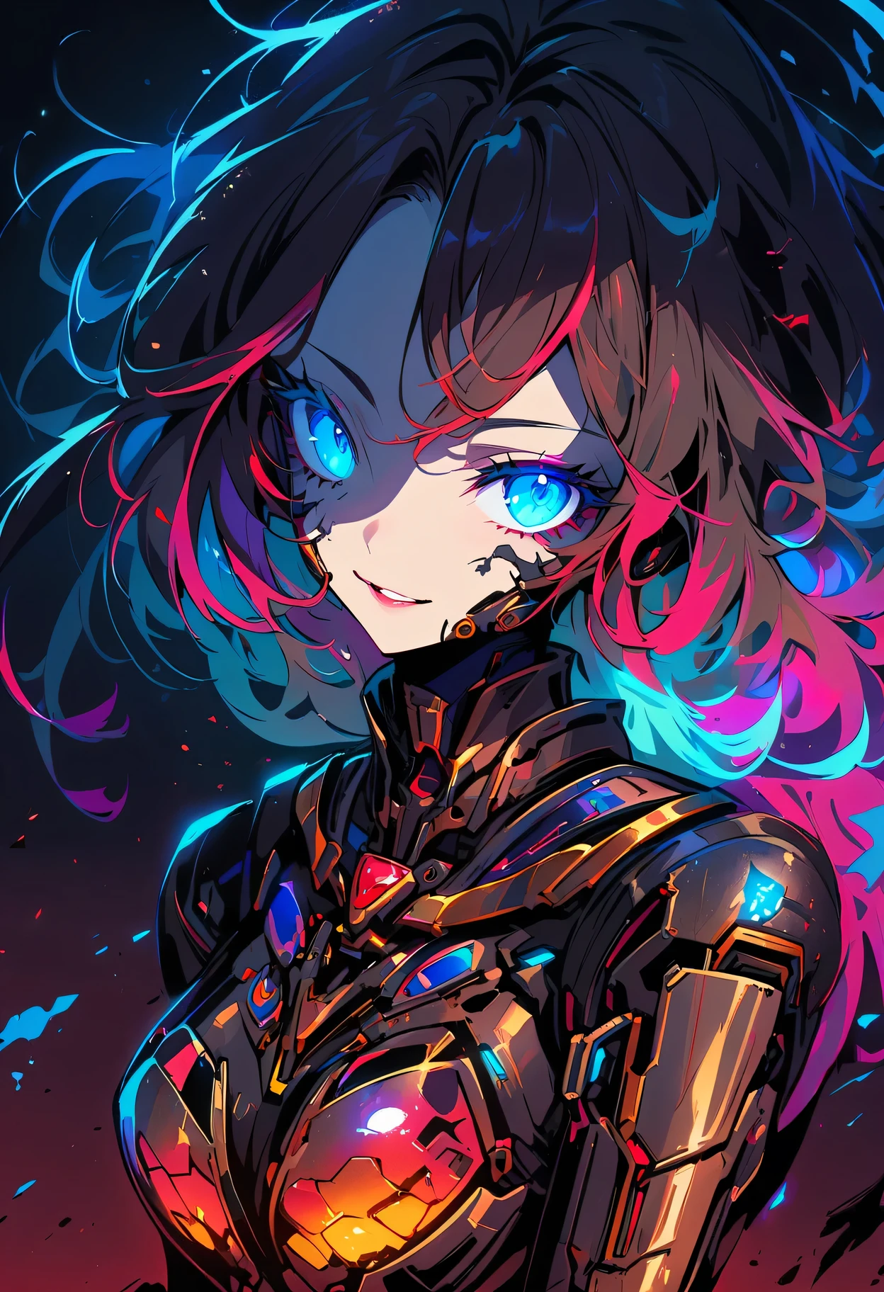 Female vampire robot,Metal skin,glowing blue eyes,dark and mysterious atmosphere,ethereal,scary charming expression,porcelain complexion,Smile is subtle but charming,Mechanical parts mixed with organic elements,Strong contrast between light and shadow,textured metallic hair,cybernetic enhancement,bright colors,gothic style,unforgettably beautiful,Sublime artistry