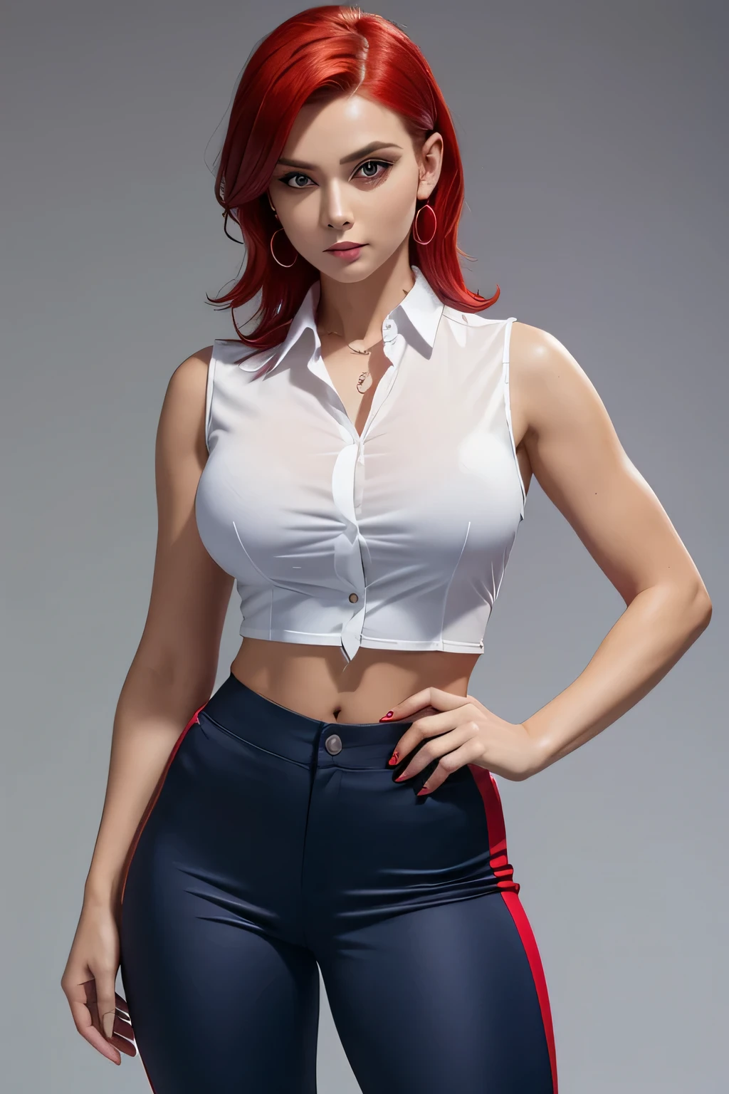 chica agente, oficial, pecho enorme y ojos rojos, Ella lleva pendientes, orejas y cabello corto de color rojo brillante y lleva una camisa blanca sin mangas con botones y muestra su ombligo y debajo hay un par de pantalones de malla azul oscuro y zapatos rojos..