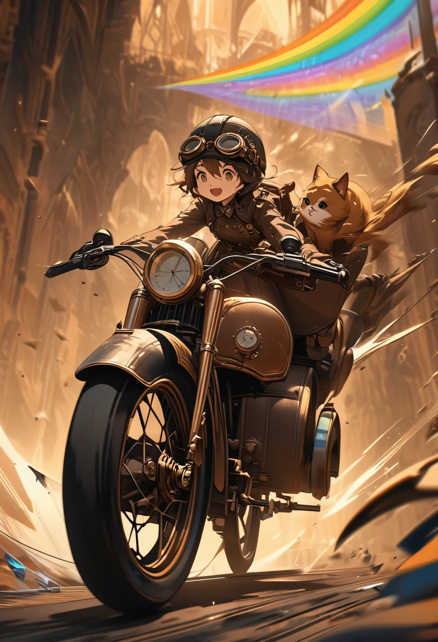 best quality, 8k, incredibly absurd, highly detailed, sepia painted retro motorcycle with sidecar, helmet and goggles, cute pet, rainbow colored gear, shattered stained glass, steampunk, dieselpunk, clockpunk, blending art, mixing art, fractal art, art design, motion blur, action lines, speed lines, wind, wind effect, BREAK (background tarot card image style:1.2)