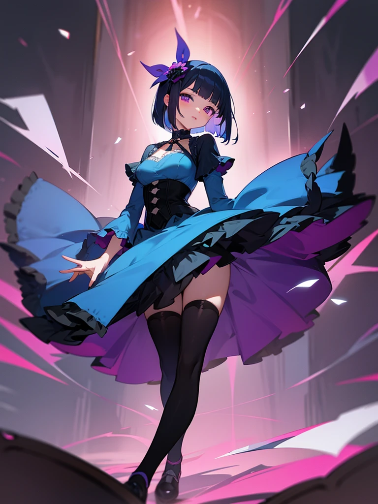 purple eyes,big tits,girl,blue hair,blue clothes,gothic lolita,bob cut,high-quality,full-length portrait or painting,Pink geranium flower hair ornament,black shoes, black tights, standing,panty hose