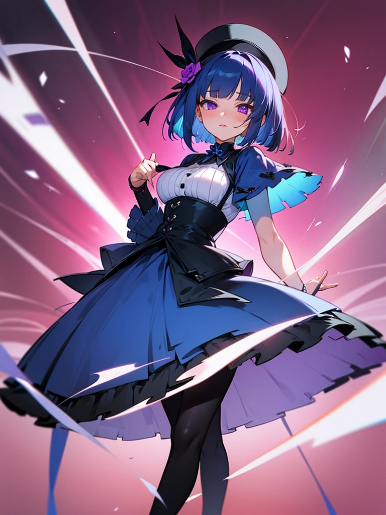 purple eyes,big tits,girl,blue hair,blue clothes,gothic lolita,bob cut,high-quality,full-length portrait or painting,Pink geranium flower hair ornament,black shoes, black tights, standing,panty hose