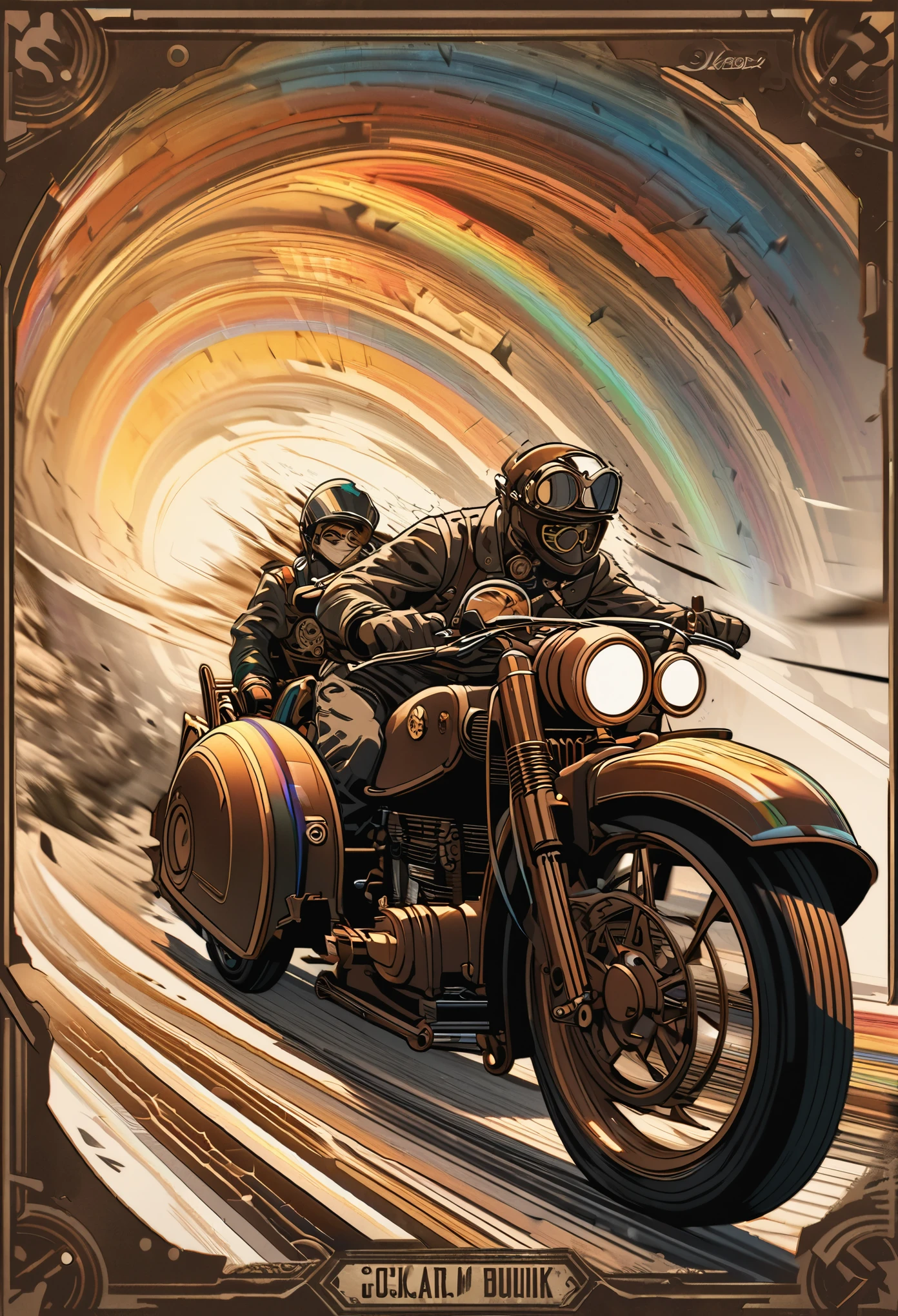 best quality, 8k, incredibly absurd, highly detailed, sepia painted retro motorcycle with sidecar, helmet and goggles, cute pet, rainbow colored gear, shattered stained glass, steampunk, dieselpunk, clockpunk, blending art, mixing art, fractal art, art design, motion blur, action lines, speed lines, wind, wind effect, BREAK background tarot card image style