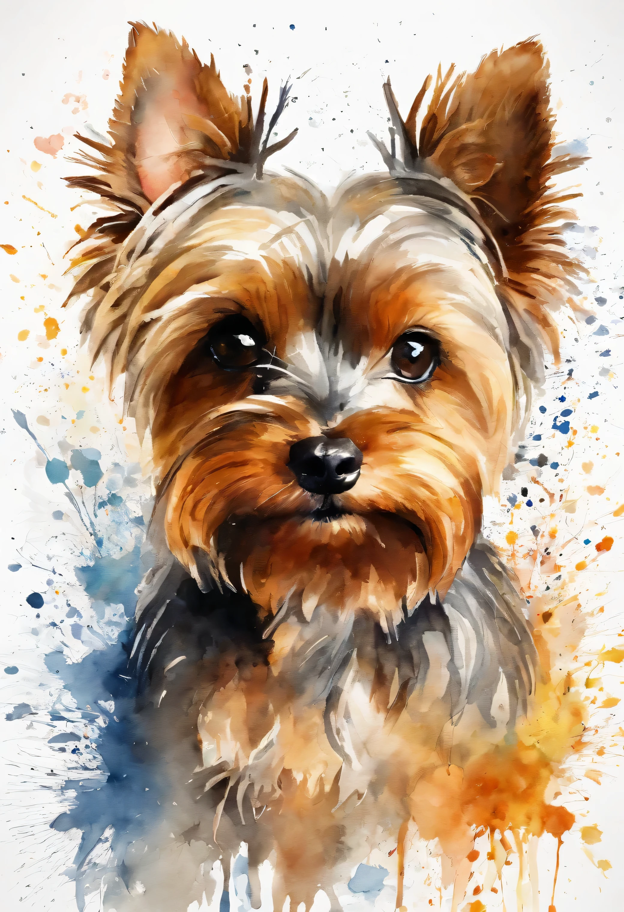 cute Yorkshire Terrier painting with a splatter background and spray paint effect, by Eugeniusz Zak, watercolor art, by Károly Lotz, watercolor painting, watercolor painting style, watercolor detailed art, by Reuben Tam, watercolor digital painting, watercolor paint, masterfully detailed watercolor, watercolor art, Grzegorz Rutkowski