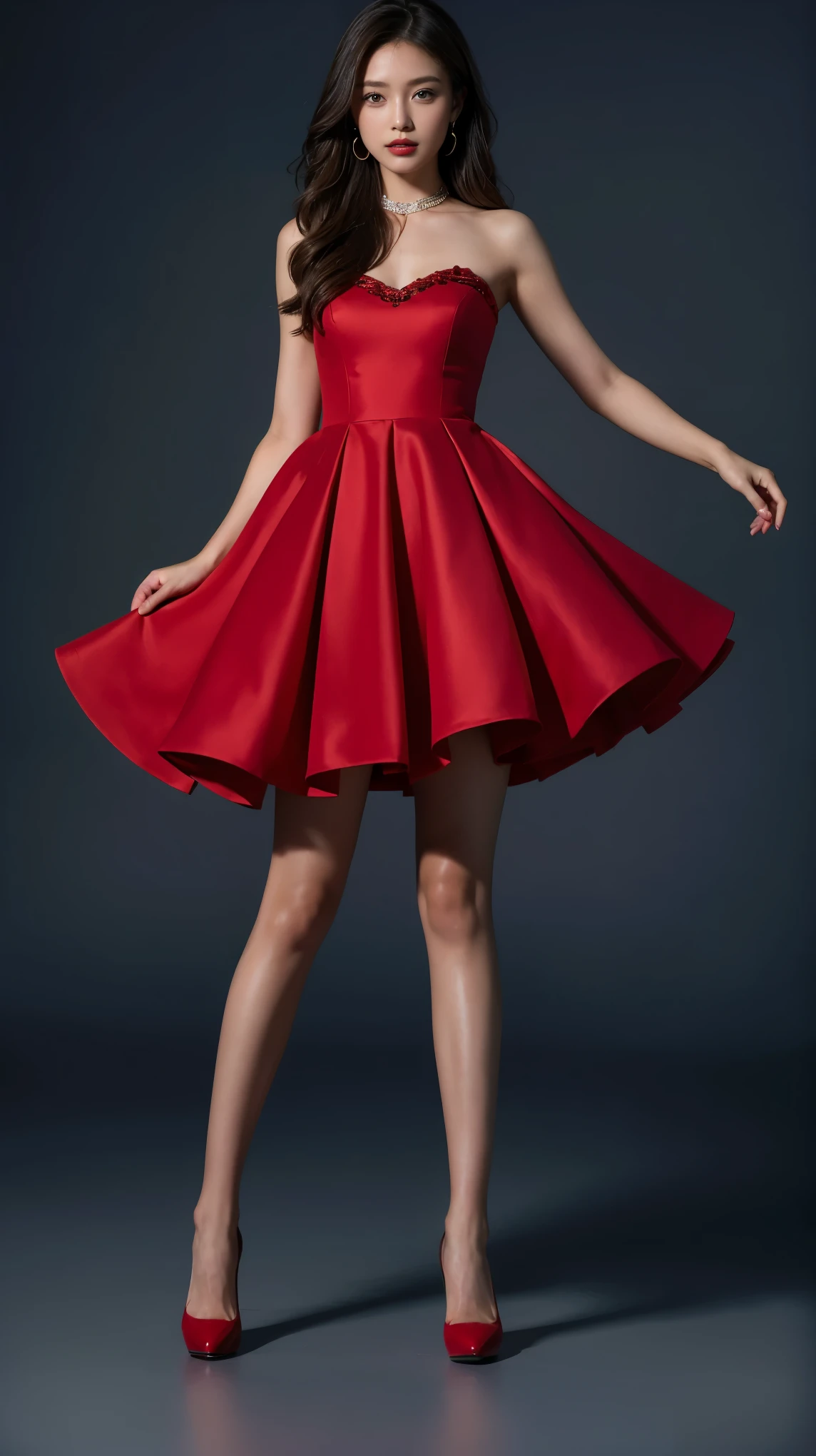 highest quality,masterpiece,ultra high resolution,(actual:1.4),original photo,ultra high resolution，8K，there is a woman，Fair skin，Fancy makeup with red eyeshadow，red and blue collaboration dress，red high heels，long legs，bright and beautiful，high waist，