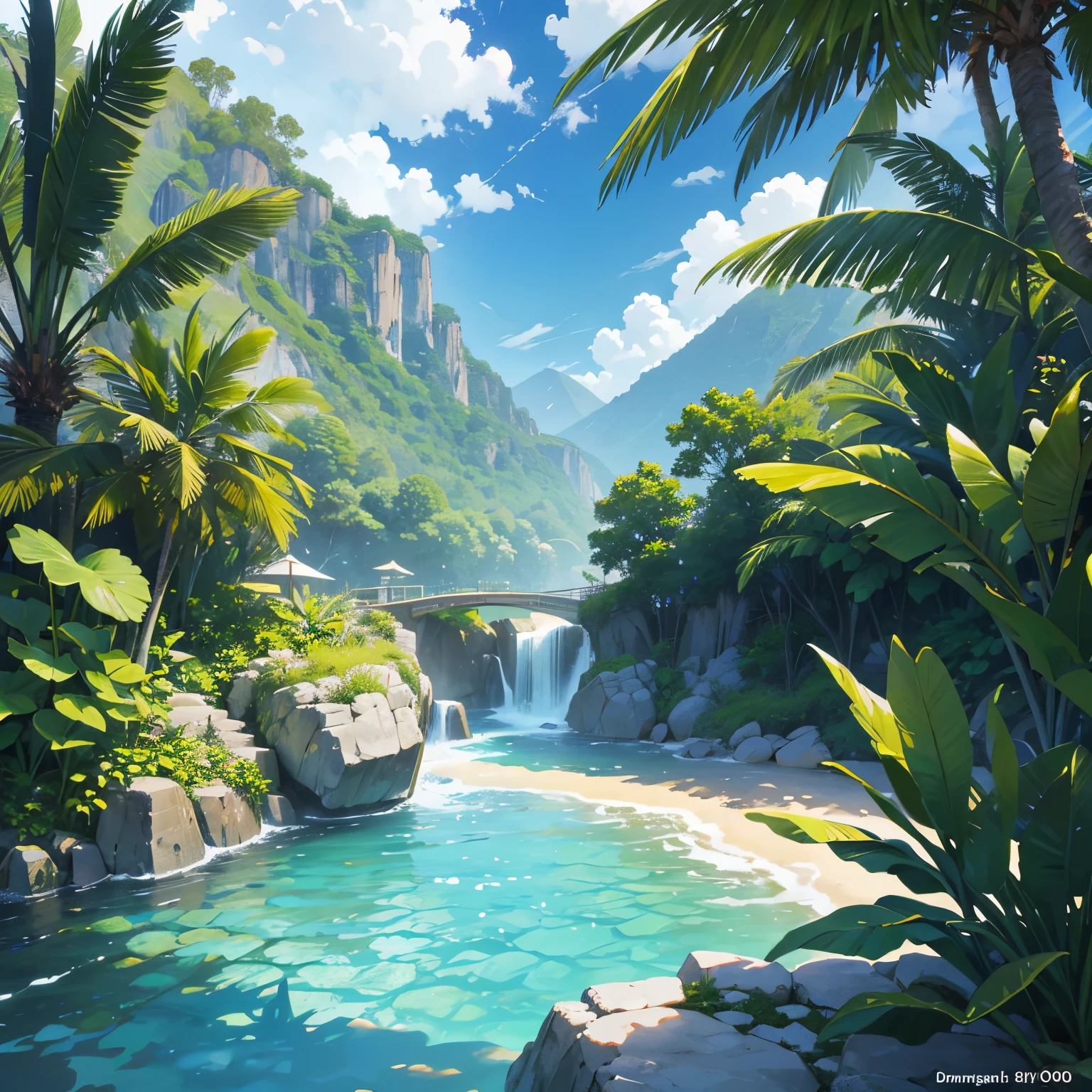 Tropical land with river and small rocks, clear water, 8K, printing possible 