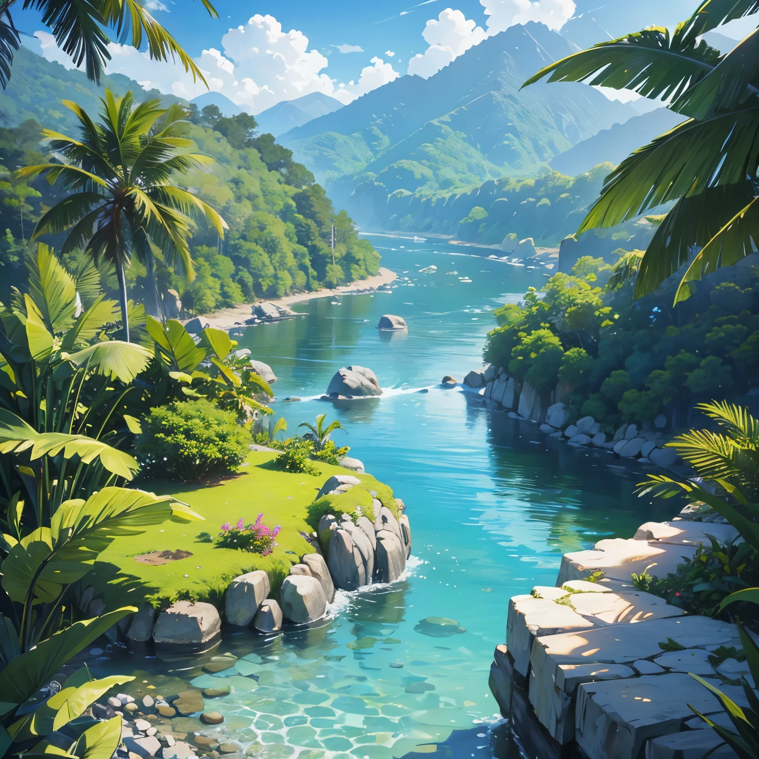 Tropical land with river and small rocks, clear water, 8K, printing possible 