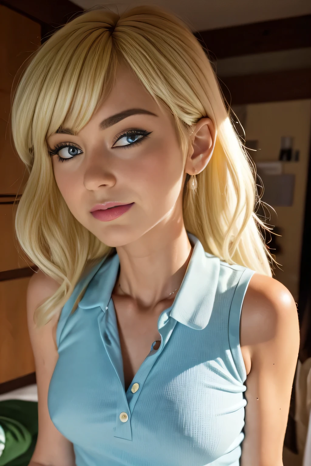(La mejor calidad, 4k, 8K, Altas Resoluciones, obra maestra:1.2), ultra detallado, Cara detallada, Labios y ojos detallados......, lindo maquillaje , aspecto atractivo, Rostro expresivo, realista,
romper Loud ,Beautiful Caucasian woman with shoulder length messy wavy blonde hair,short blonde hair years old, cejas marrones, Grandes ojos azules, piel clara, Slim and athletic, cabello que cubre un ojo,
romper (montar a caballo), (dynamic pose), camisa blanca tipo polo , falda plisada rosa , guantes de golf , calzado de golf, sosteniendo palo de golf, linda sonrisa, Luz solar suave iluminando la escena, Sutil movimiento del viento en el cabello, happy expression, gloomy atmosphere, Suave, Natural lighting that highlights your features......, Subtle shadows that add depth and dimension to the image........, (maduro)