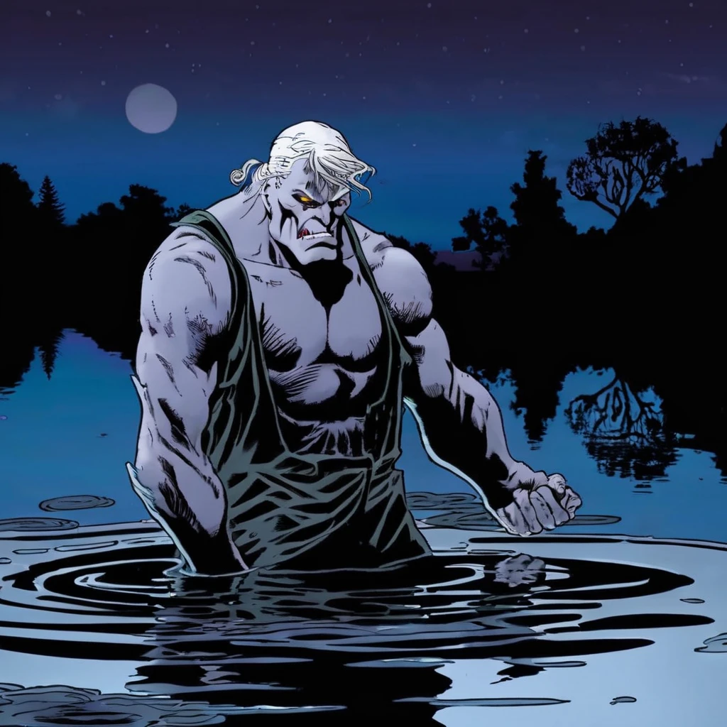 DC's solomon grundy on a moonlit night, arguing with his reflection in a pond