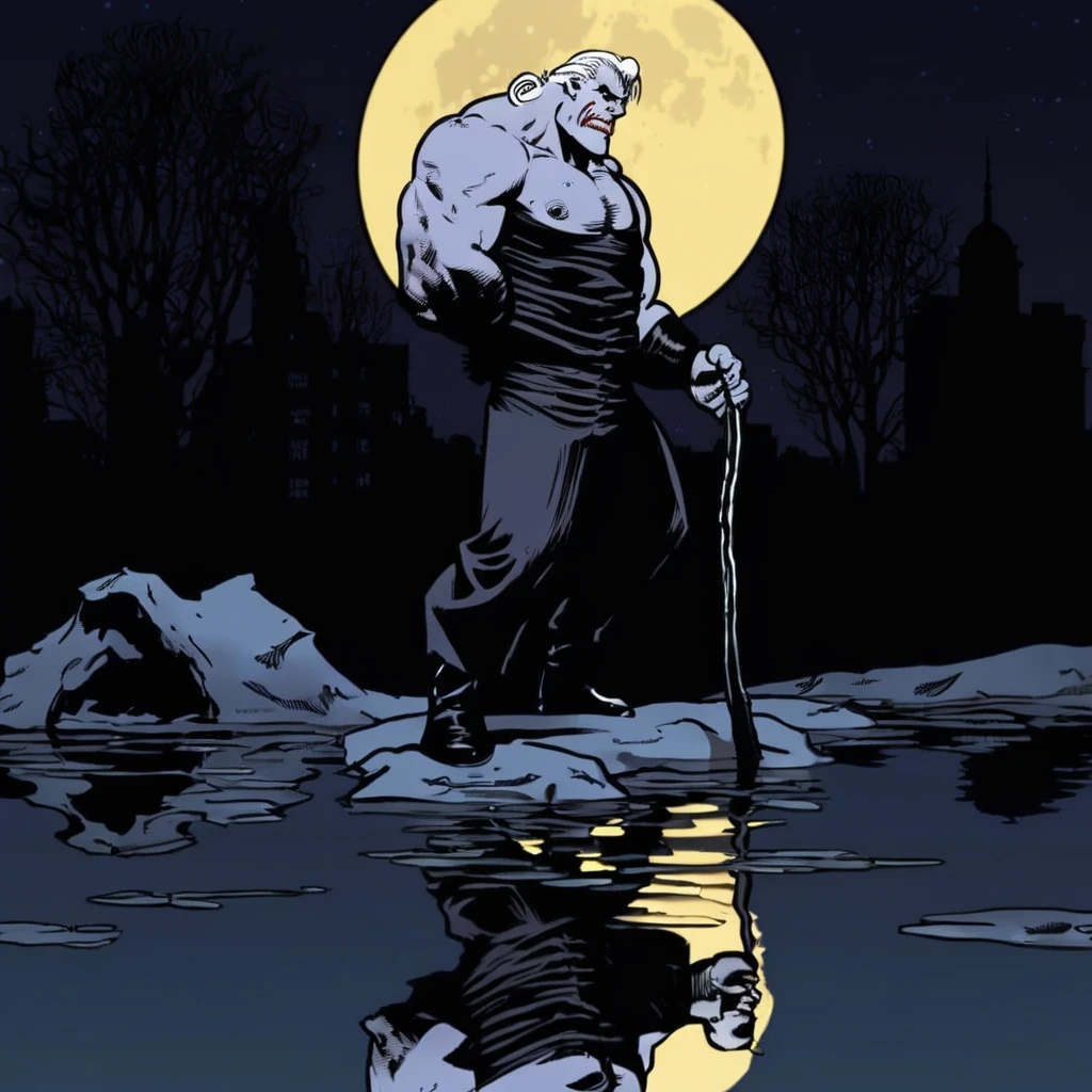 DC's solomon grundy on a moonlit night, arguing with his reflection in a pond