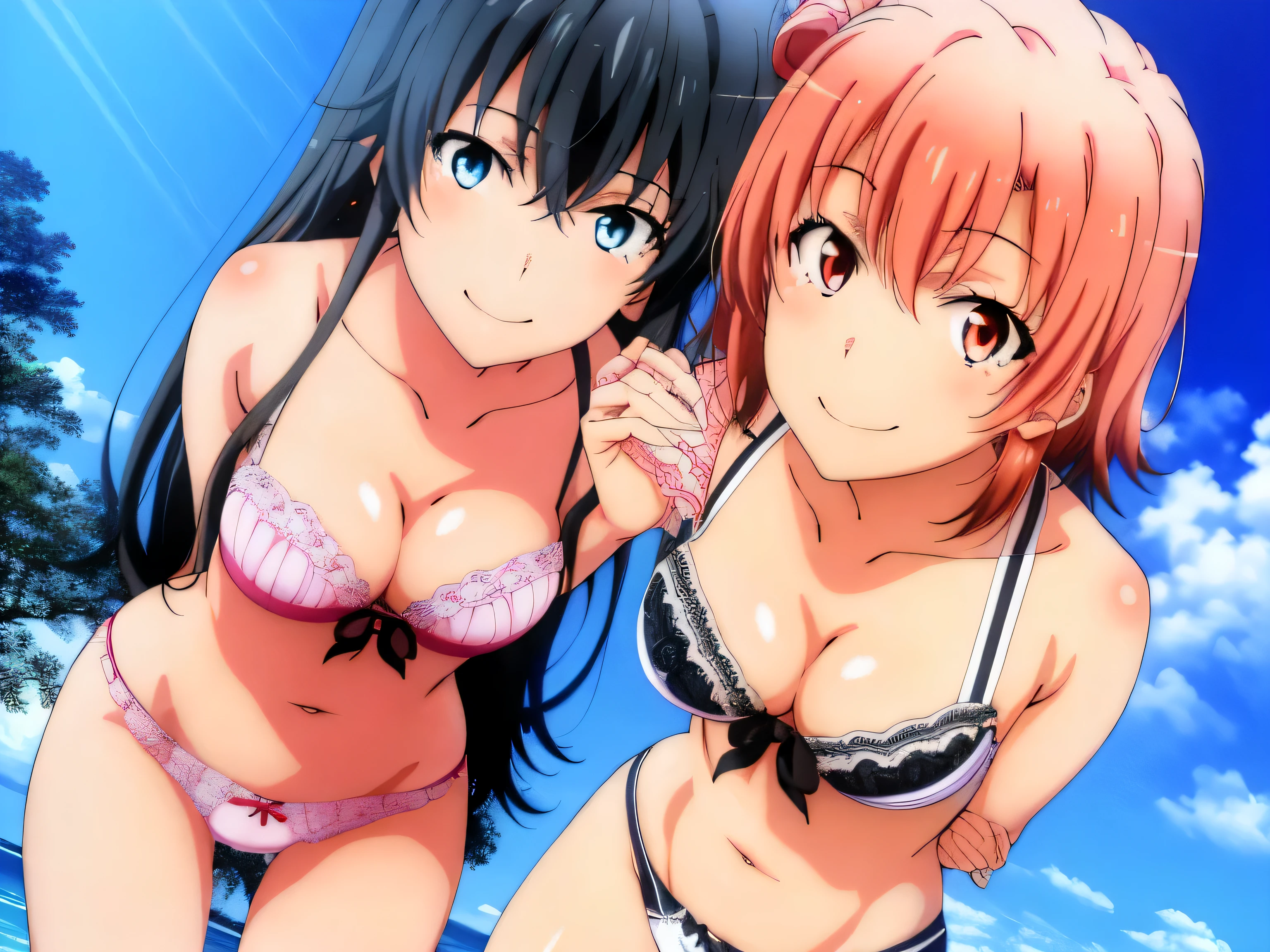 2 girls , Yukinoshita Yukino , yuigahama yui'bust and thighs are great,In underwear,they have their hands behind their backs,good,belly button,light pink panties,white panties,thighs,knees,((high angle)),(beautiful eyes),open your mouth,smile,Insert your head