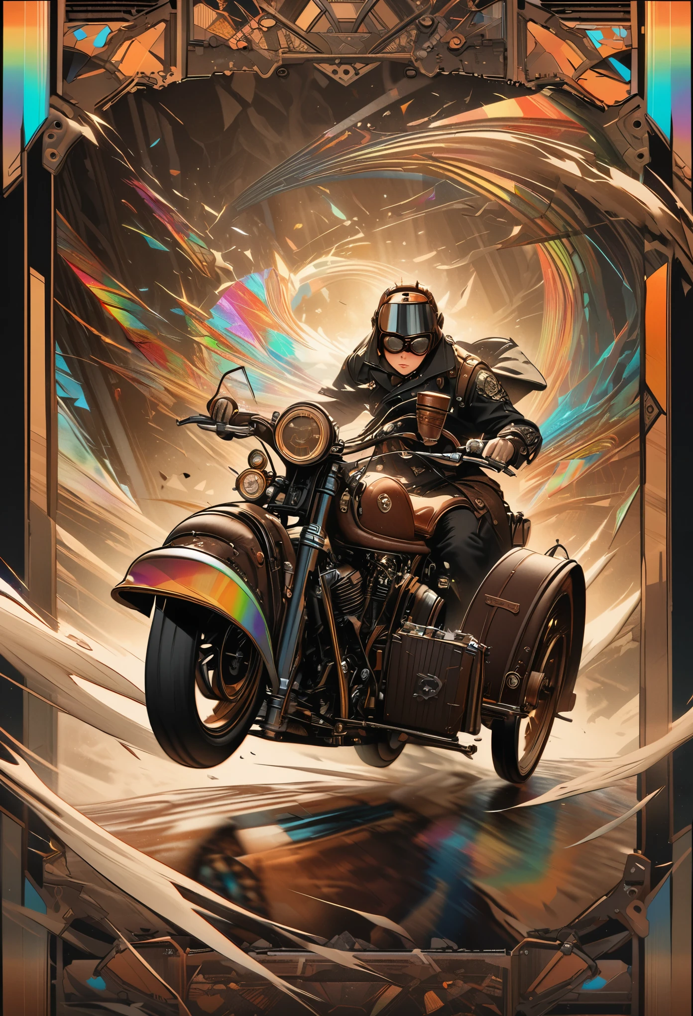 best quality, 8k, incredibly absurd, highly detailed, sepia painted retro motorcycle with sidecar, helmet and goggles, cute pet, rainbow colored gear, shattered stained glass, steampunk, dieselpunk, clockpunk, blending art, mixing art, fractal art, art design, motion blur, action lines, speed lines, wind, wind effect, BREAK background tarot card image style