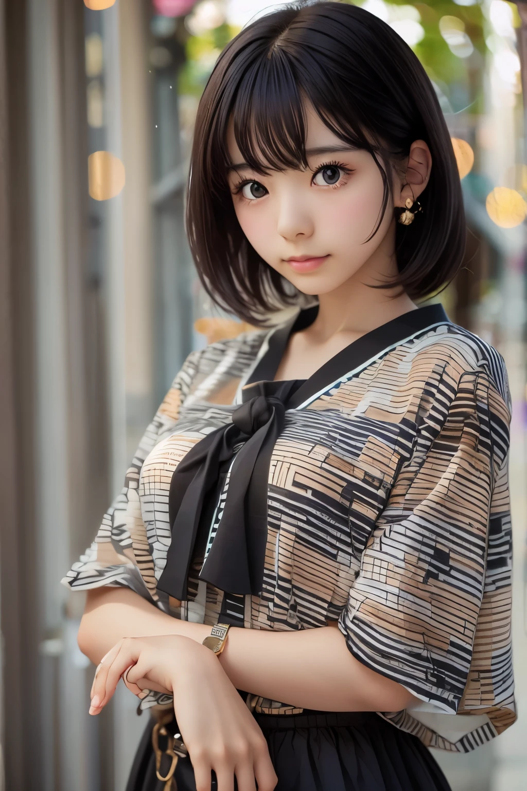 Best Quality, Focus, Soft Light, Black Hair, (Japanese)), (Blouse), (((Front, Young Face))), (Depth of Field), Ultra High Resolution, (Realistic: 1.4), RAW Photo, Upper Body