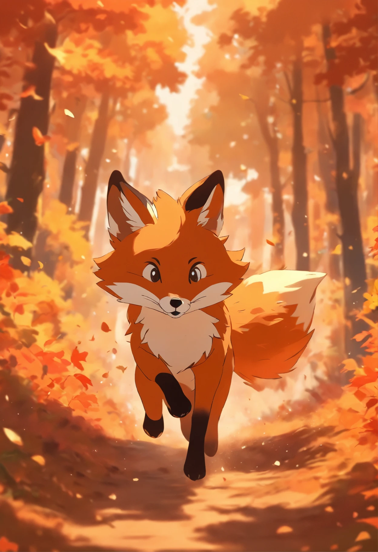 A fox running through a forest in Autumn.