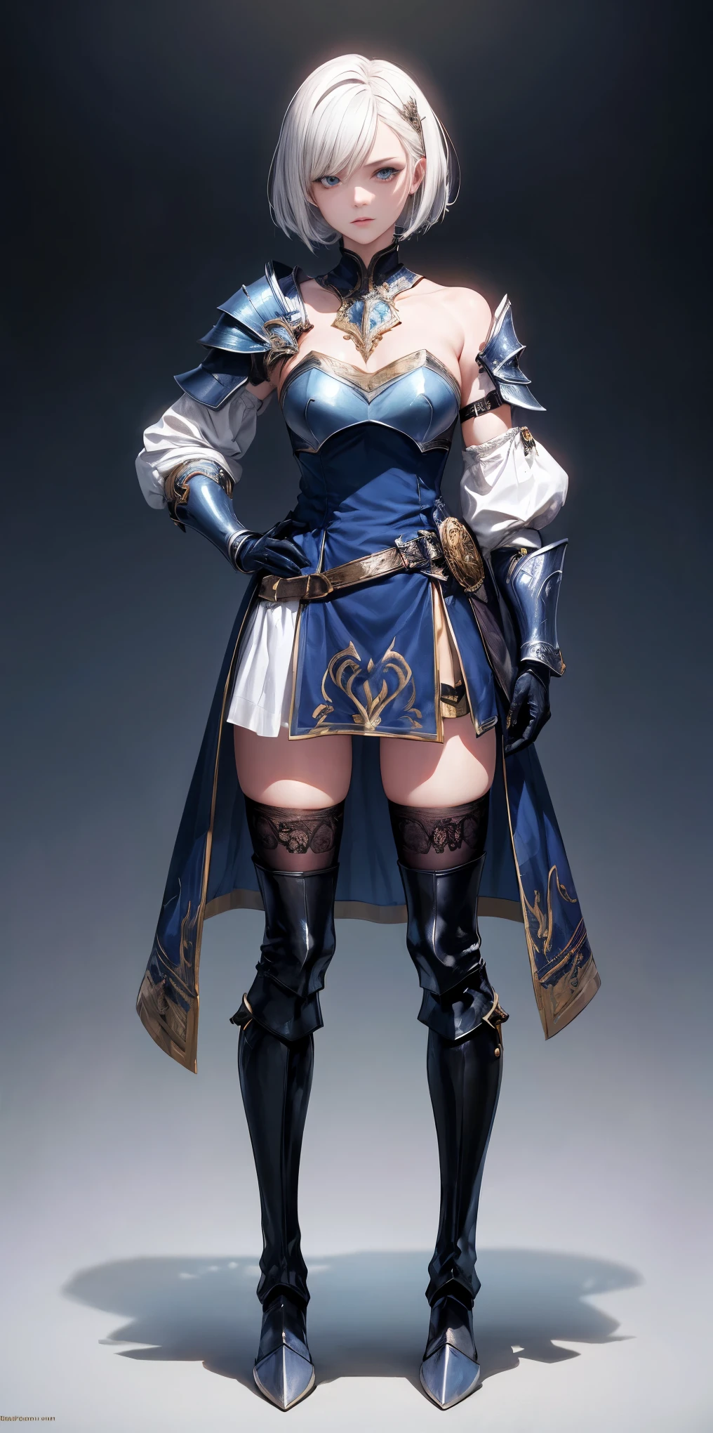 full body, def_effie, blue breastplate, blue skin, looking at viewer, shiny,armor, thighhighs, high boots,shoulder armor, faulds, poleyn, gloves, gauntlets