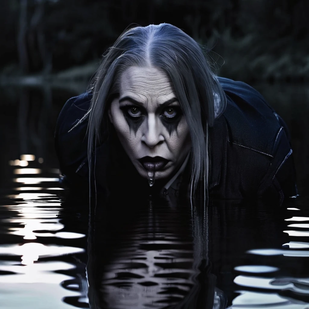 DC's Solomon Grundy on a moonlit night, arguing with his reflection in a pond.
(bests quality,4k,8k,highres,masterpiece:1.2),ultra-detailed,(realistic,photorealistic,photo-realistic:1.37),nostalgic,haunting(1.1)
Horror,portrait,vivid colors,moonlit night,pensive(focus on expression and emotion:1.1),tattered clothes,dirty and decayed reflection,glowing eyes,wrinkled face,reflection clarity,still water surface,pond surrounded by trees, eerie atmosphere,dark and ominous surroundings,cracked lips,shadowy figure,isolated location,stark contrast between light and darkness,misty fog
(slightly desaturated colors:0.9),subtle highlights,reflection depth,subdued light sources,creepy feeling