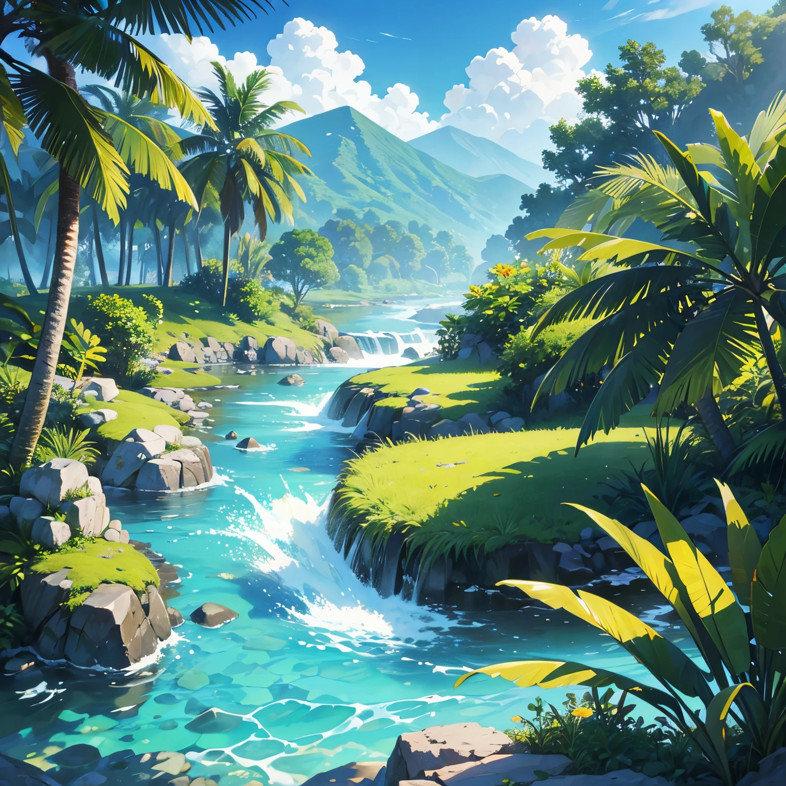 Tropical land with river and small rocks, clear water, 8K, printing possible 