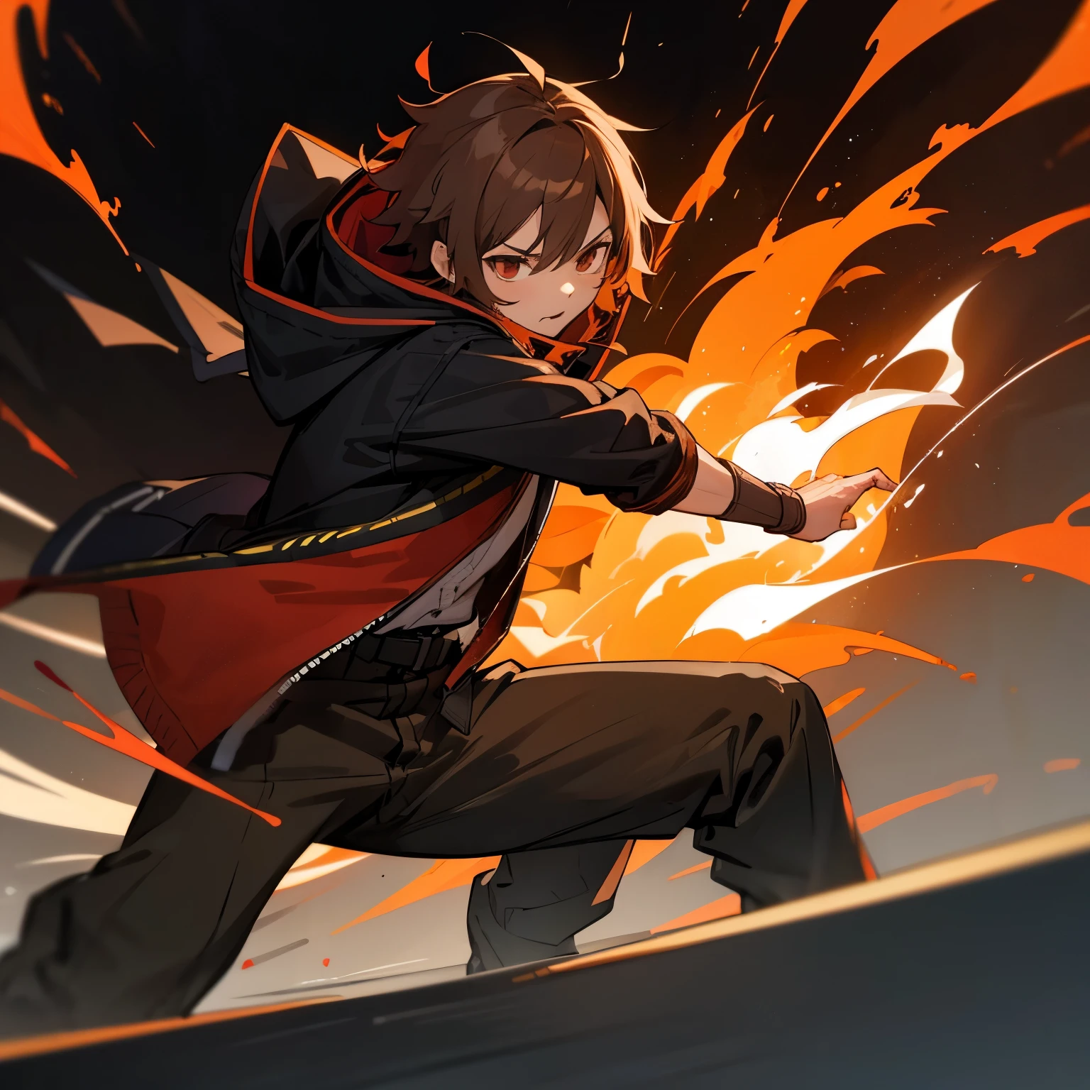 Rip_Div, 1boy,Knit switer, Hooded Jacket, casual sweet, Brown hair, ((fighting stance:1.2)), ((fire theme:1.2)) , ((black aura:1.2))