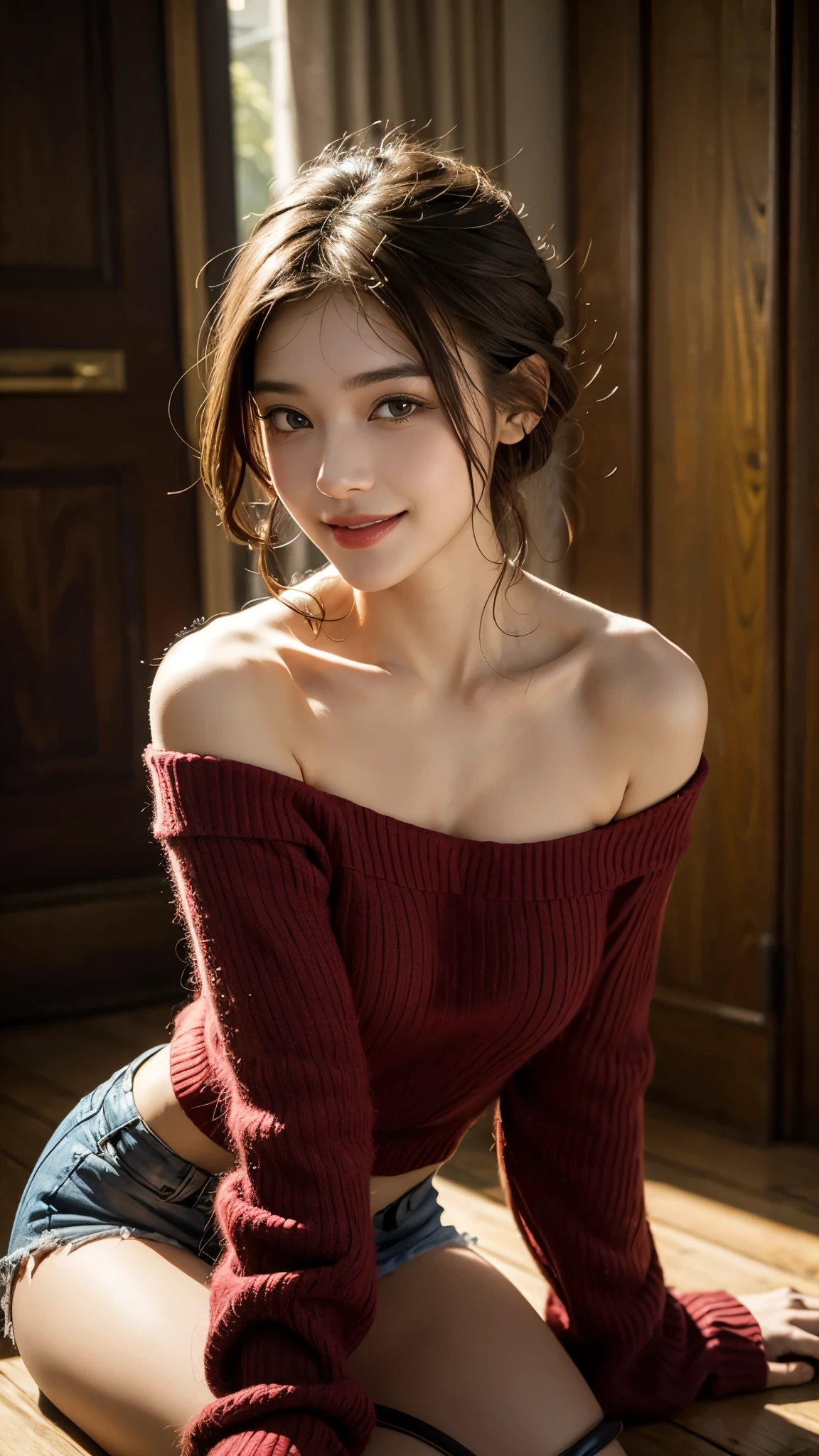 highest quality, masterpiece, ultra high resolution, realistic, 1 girl, off shoulder, smile