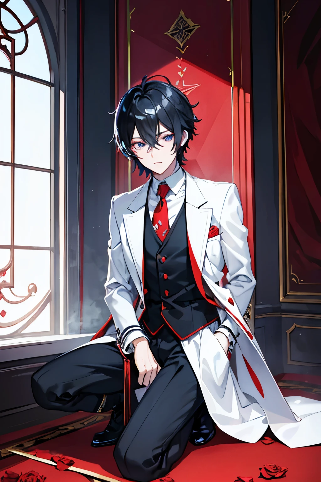 male　black hair　blue eyes　pants　cutter　boots　white suit　red heart pattern　kneel down　red rose　cool　aristocratic house　masterpiece　Highest image quality　noise removal　clear parts 　cinematic shadow　Increases the attractiveness of the eyes　clear parts the shine of the eyes　draw eyelashes neatly　perfect eyes　detailed eyes　sharpen image quality　sharpen eye writing　clear parts eye shape