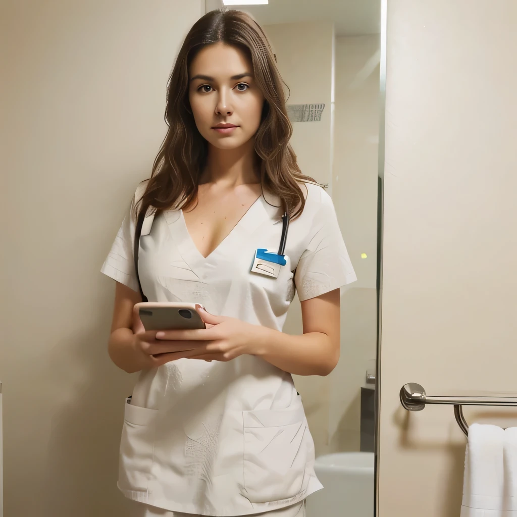 A Realistic Portrait, of a tall scandinavian girl with brown eyes and Dark Brown Hair style, 20 years old, Beautiful, detailed face, detailed eyes, (realistic skin:1.3), (pale skin:1.1), (textured skin:1.5), ((wearing white nurse’s scrubs)), smile, ((mirror selfie)), ((holding her phone up in front of her)), (iphone photograph), (perfect 75E breasts), (cleavage), ((bathroom)), (natural lighting), looking at the camera, perfect slim body, amateur Photography, Photorealistic, Detailed, analog, poor quality, grainy