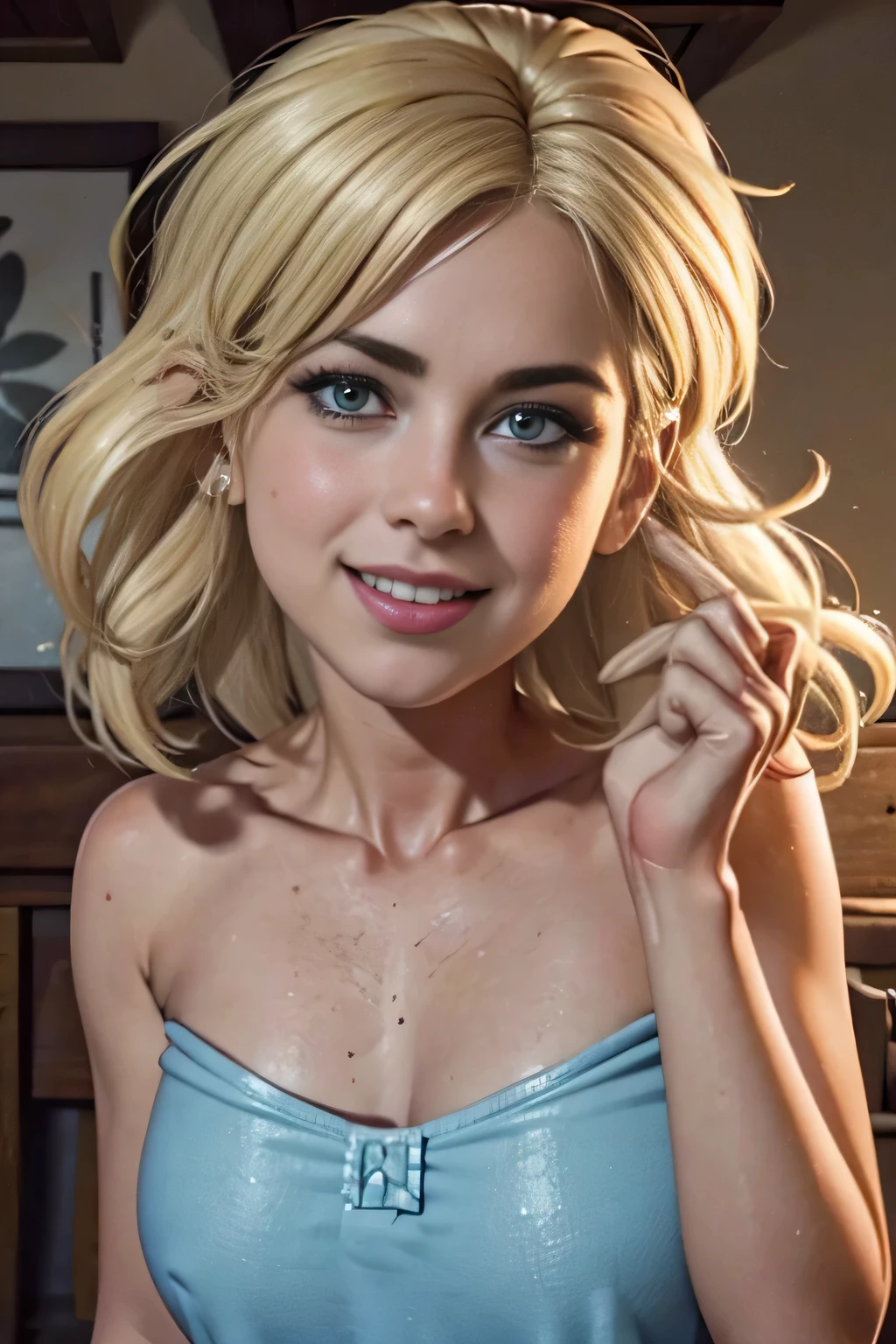 Hot margot robbie, sexy, sexy, ((Masterpiece, best quality)), detailed skin, highly detailed, cinematic lighting, ultra realistic, blush, looking at viewer, with  blonde hair. Her hair elegantly styled, falling softly to chin length, portrait, , big breasts, instant cum face, cum on month com on preasts, , malicious smile, 